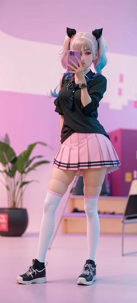 araffe dressed in a pink skirt and black shirt taking a picture, y 2 k style, y2k style, thighhighs and skirt, realistic schoolgirl, wearing skirt and high socks, y2k aesthetic, y 2 k aesthetic, hyperrealistic schoolgirl, a hyperrealistic schoolgirl, anime vibes, magical school student uniform