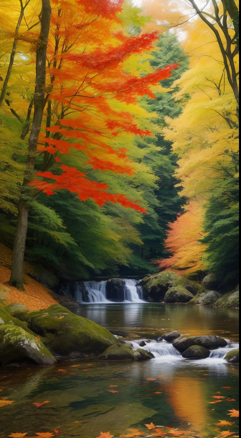 Maple leaves in the forest,fall foliage,Close-up of the live broadcast, serene environment, Beautiful nature, Gentle sparkling forest stream, Beautiful nature, vibrant water river, nature scenes, Beautiful environment, peaceful beautiful waterfall, river with stunning water, forest and river, in serene forest setting, lakes and waterfalls, peaceful and serene, stunning nature in background