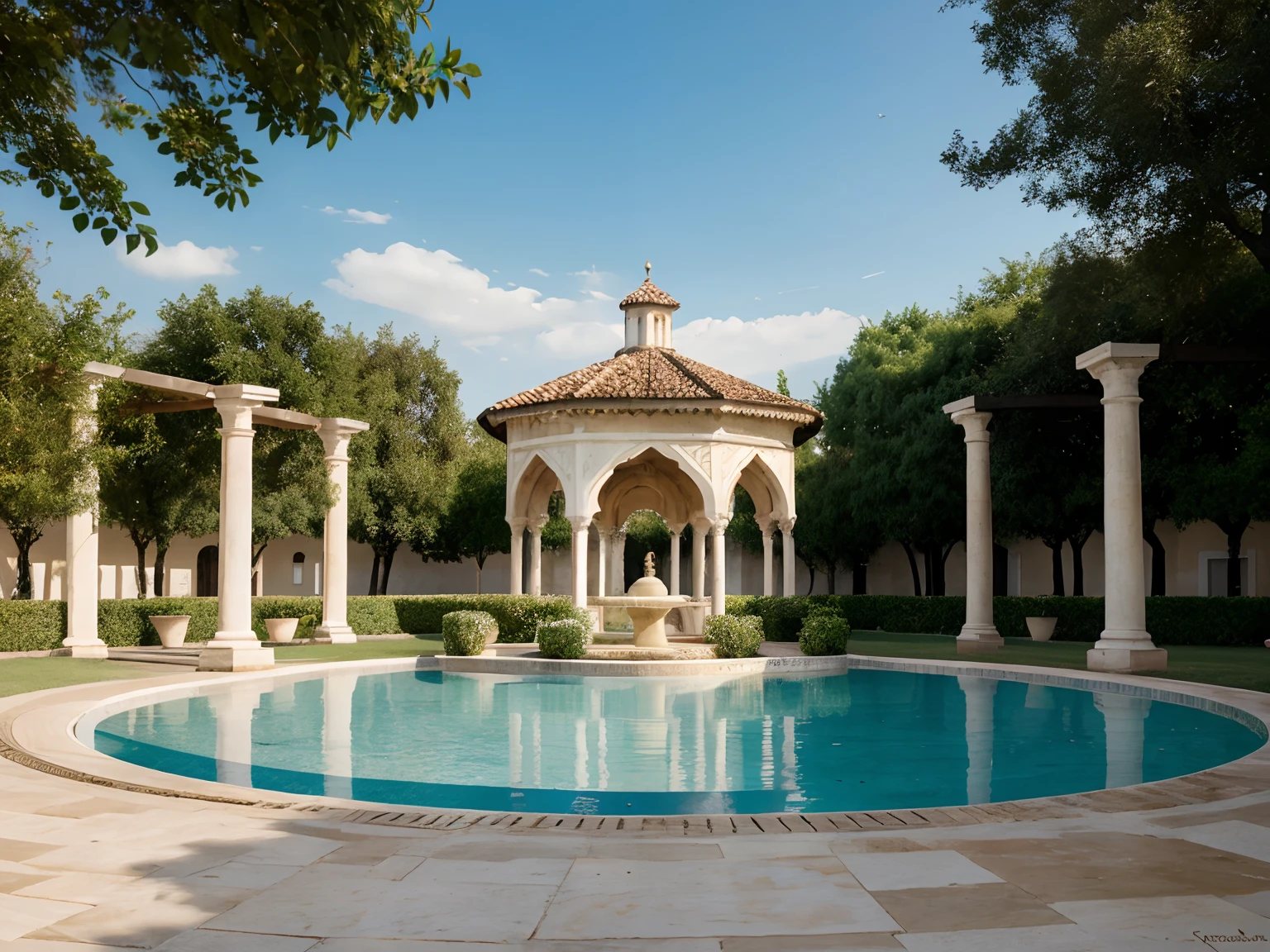 Painting of a gazebo with a fountain in front, inspired by Luis Paret y Alcazar, by Verónica Ruiz de Velasco, by Abdullah Gërguri, par paul balkay, about Sava Šumanović, par Maximilian Vanka, by Francisco Zúñiga