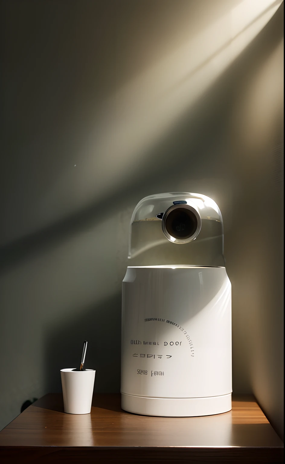 Put it on the desk，A desk lamp，laptop，There are some books，coffee mug，Natural light shines through the delicate foliage of the trees outside the window，There is a delicate reflection on the thermos cup，