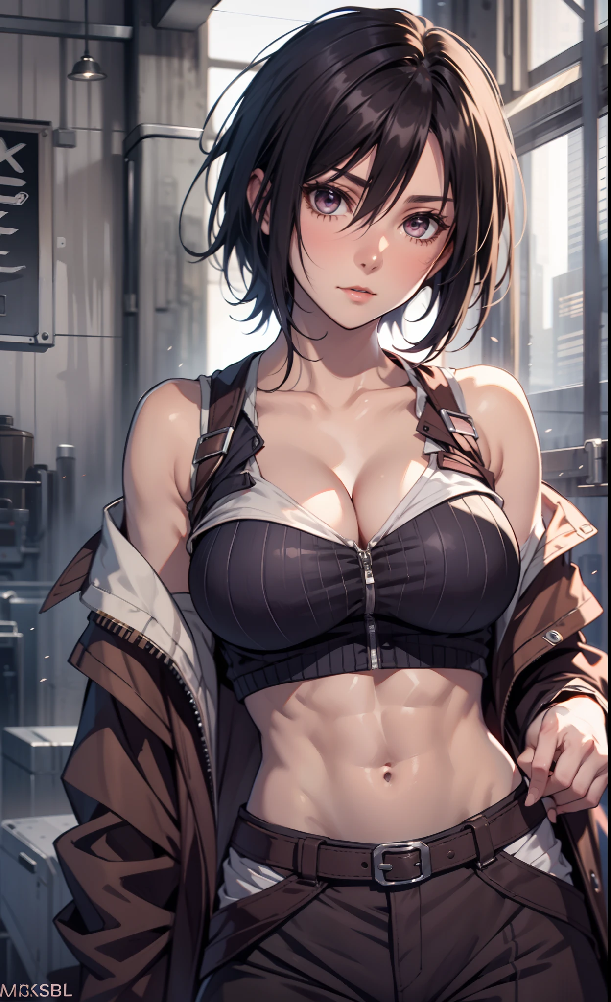 Mikasa_ackerman，solo person，By oneself，Off-the-shoulder clothing，Muskrin，cleavage，nabel，open waist，Abs，Vest line，Off-the-shoulder clothing，