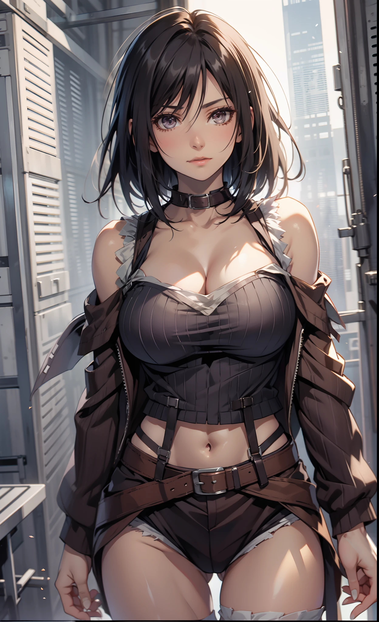 Mikasa_ackerman,solo person,By oneself,Off-the-shoulder clothing,Muskrin,cleavage,nabel,open waist,Abs,Vest line,Off-the-shoulder clothing,