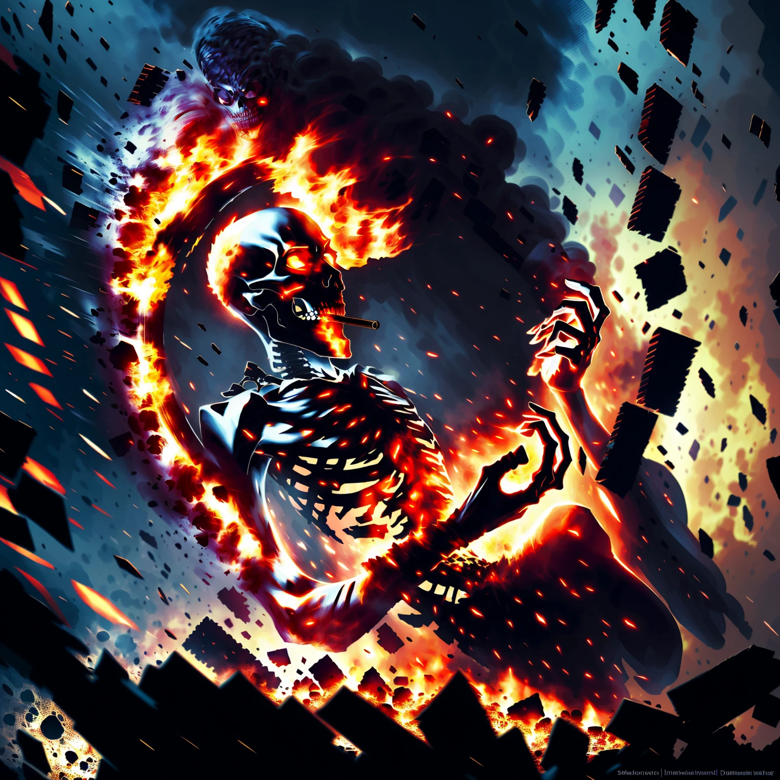 (best quality,4k,8k,highres,masterpiece:1.2),ultra-detailed,(realistic,photorealistic,photo-realistic:1.37),apocalyptic skeleton smoking with a cigar in his mouth,heart appears on fire inside your chest,dark background with red neon,portrait,skull,emerging from darkness,glowing red eyes,golden cigar smoke,illuminated by neon lights,ominous atmosphere,details of decaying flesh,cracked bones with red glow,ominous smile,shadows and highlights playing on skeleton,sparks and embers floating from the heart on fire,ominous silhouette,red embers reflecting in skeleton's eyes,smoke tendrils wrapping around the skull,smoke forming ghostly shapes,fiery intensity within the heart,subtle hints of smoke rising from the chest cavity,skeleton in a dignified pose,red mist settling around the skeleton's body,surreal and haunting presence,distorted reflection in broken mirror,layered shades of red and black,powerful symbolism of mortality and destruction,deep shadows and vivid highlights,striking contrast between light and darkness,skeletal hands delicately holding the cigar,subtle glow illuminating the surrounding area,expressive and detailed rendering of the skeleton's features,subtle details of the cigar's smoke,bringing the skeleton to life in a post-apocalyptic world.