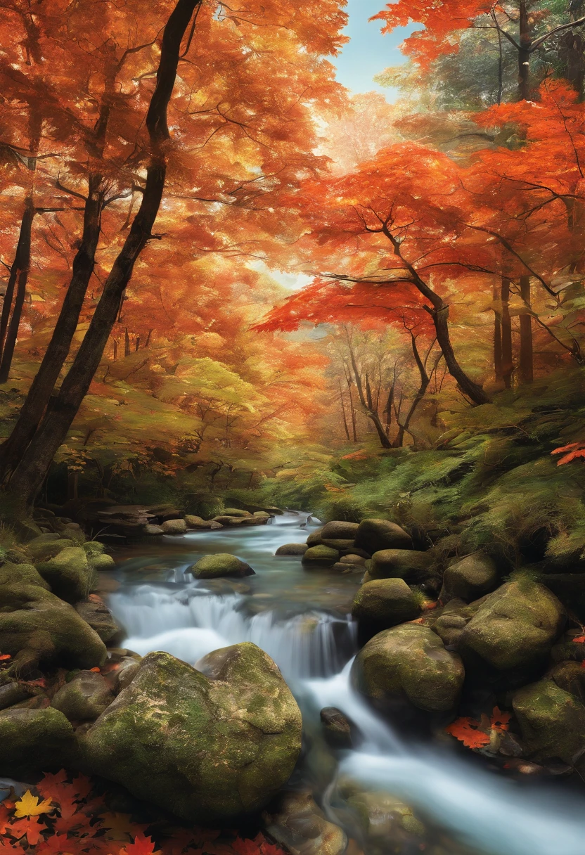 Maple leaves in the forest，fall foliage，Close-up of the live broadcast, serene environment,  Beautiful nature, Gentle sparkling forest stream, Beautiful nature, vibrant water river, nature scenes, Beautiful environment, peaceful beautiful waterfall, river with stunning water, forest and river, in serene forest setting, lakes and waterfalls, peaceful and serene, stunning nature in background