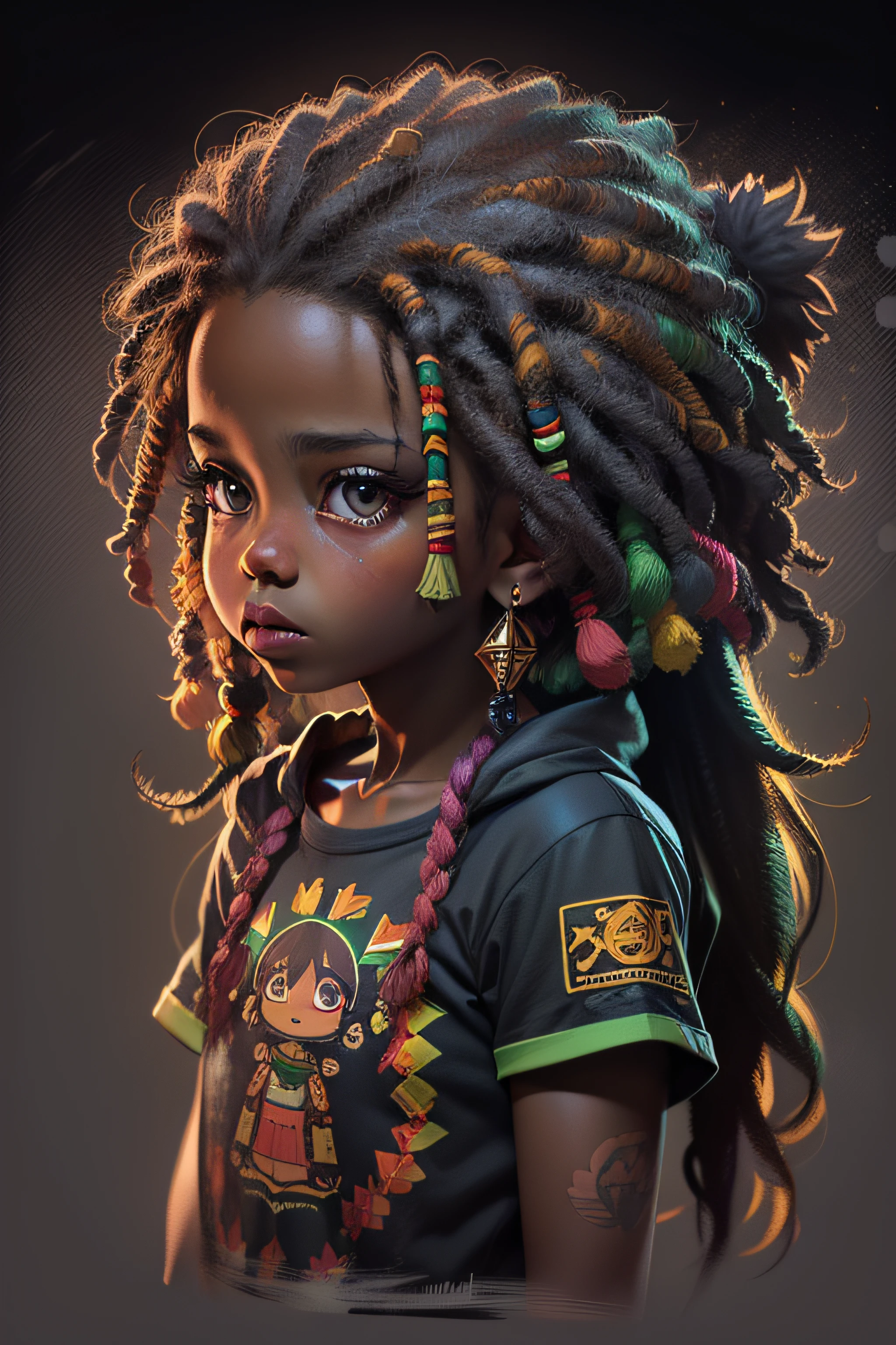 t-shirt art, 2D, ((black background :1, 5)), vector, vivid colors, chibi rasta outfit character, masterpiece, best quality, intricate details, perfect symmetrical face, realistic details, gothic theme, rim light, moonlight, cinematic shading, Greg Rutkowisk