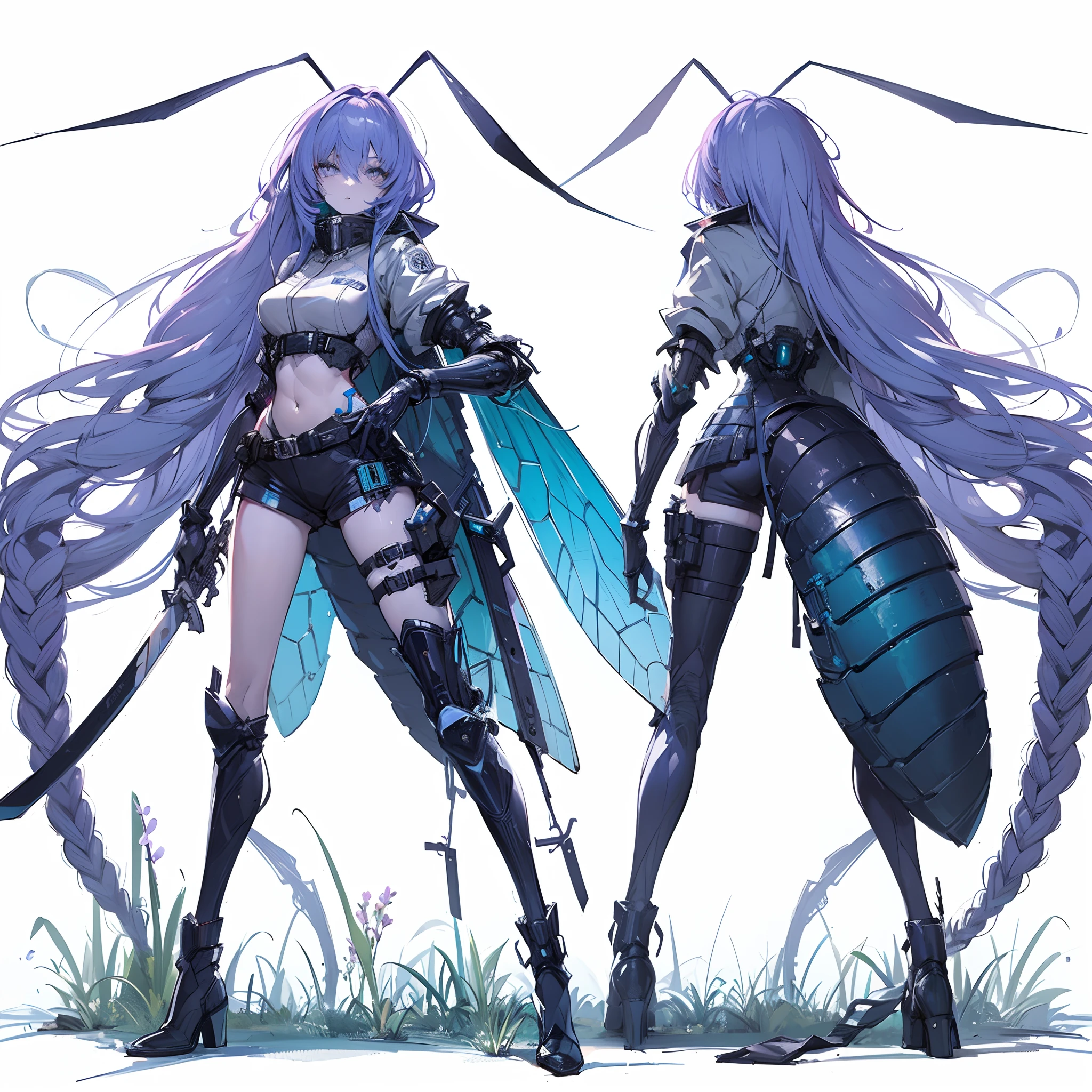 (masterpiece, Best Quality), (Perfect athlete body:1.2), (detailed hairs), Ultra-detailed, Anime style, Full body, solo, cyber punk assassin girl, pale purple-skin and blue hair, insect external features, long braided twin-tale hair, dagger in each hand, Deep-sea vessels, standing by a grass, beautiful and terrible, high-heeled boots, digital painting, 8k high resolution, trending art station, white background, whole body,