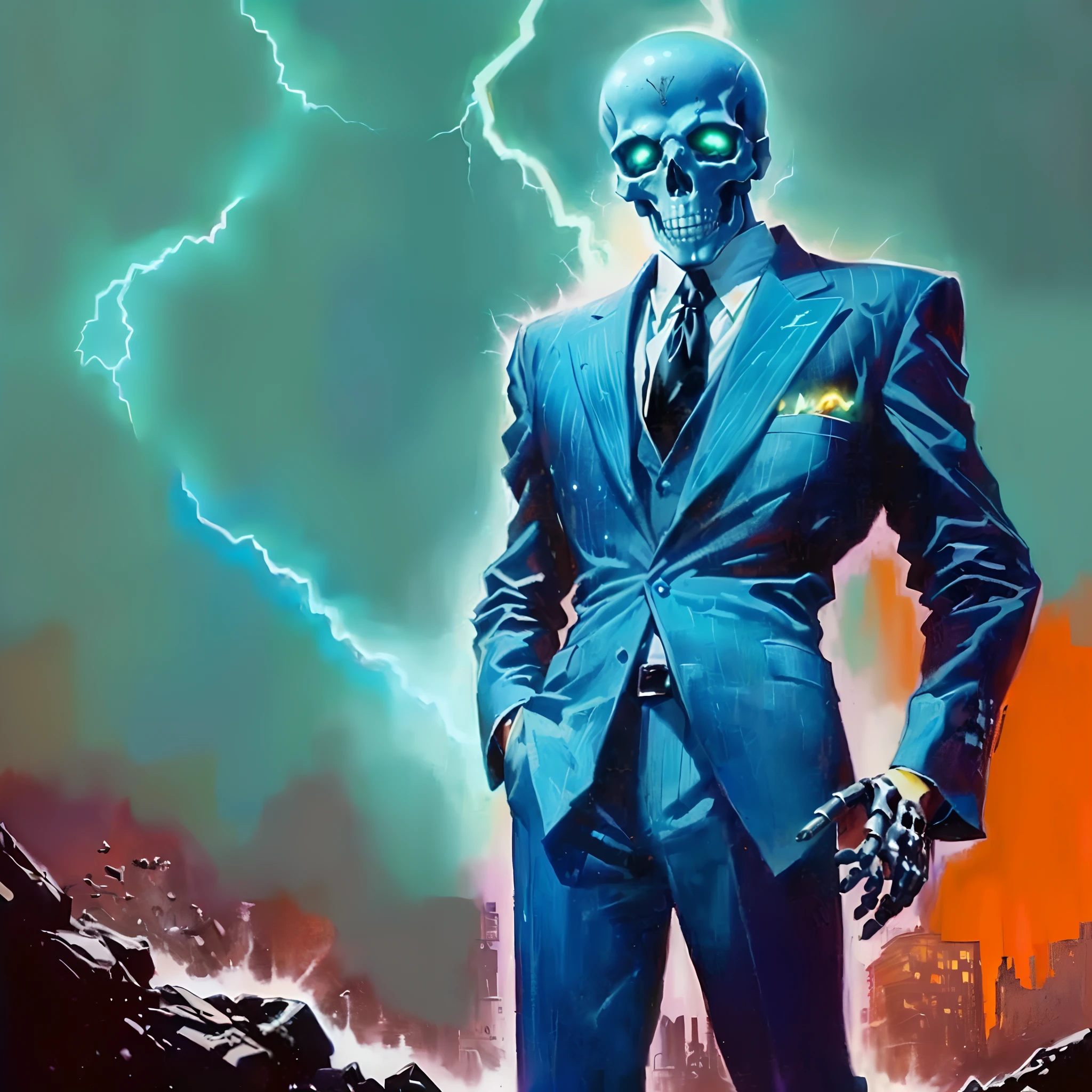 painting of a skeleton man in a suit and tie is struck by a lightning bolt, frank kelly freas, by Kelly Freas, style of kelly freas, inspired by Kelly Freas, retro pulp art, 1987 pulp art, 1980s pulp fantasy, ( art fitzpatrick ), 5 0 s pulp scifi illustration, by Terry Oakes, purple and neon green glow, a rainstorm