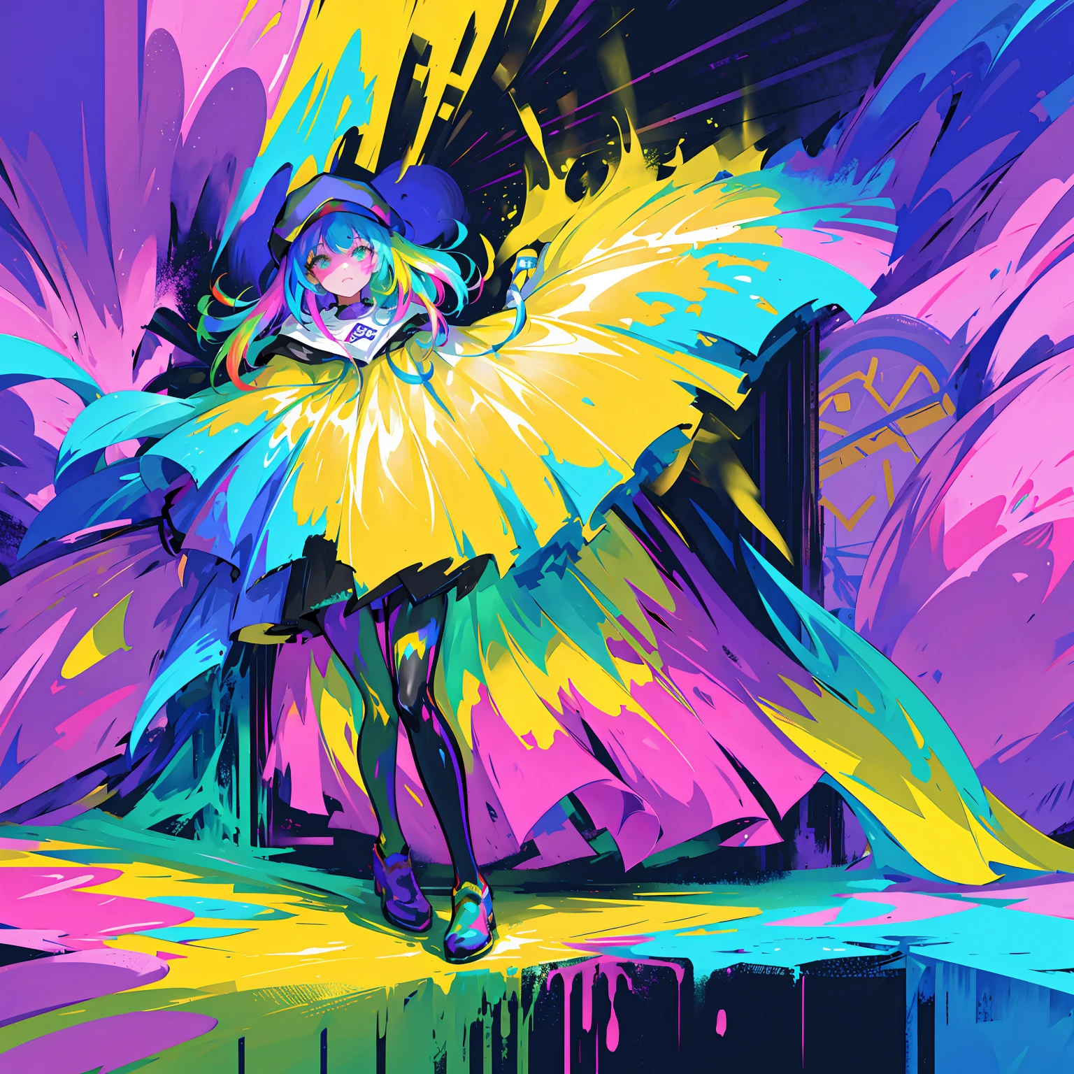 rainbow paint, a girl made entirely out of rainbow paint, entirely paint, 1girl, all rainbow paint, hdr, (intricate details, hyperdetailed:1.15), gorgeous lighting, rainbow, paint splatter, splashes, very rainbow, very colorful, neon, paint drops, rainbow paint background, colorful background