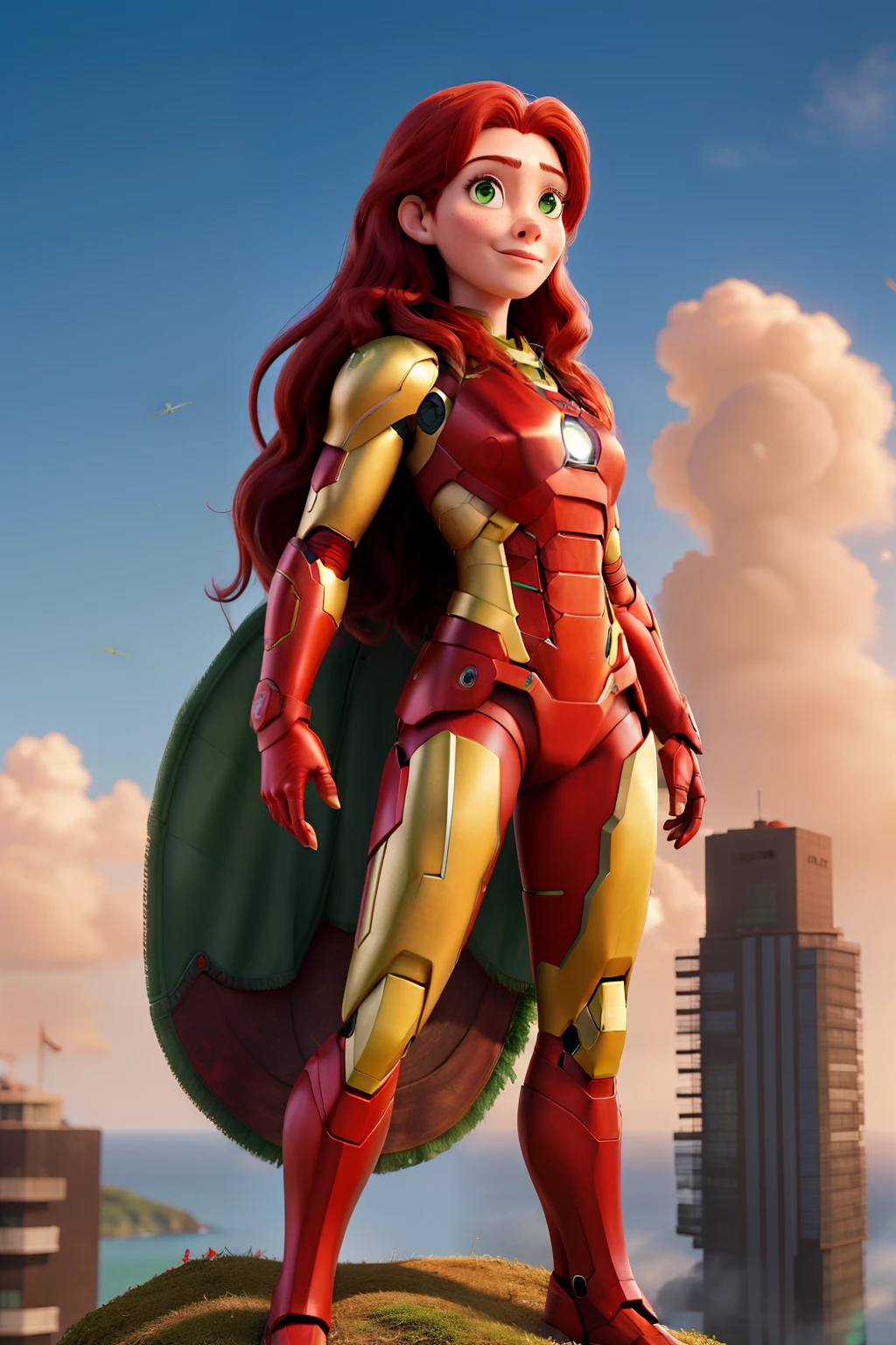 Mulher de pele branca,Long red hair with green eyes wearing the armor of the female version of Iron Man, Floating on top of a building
