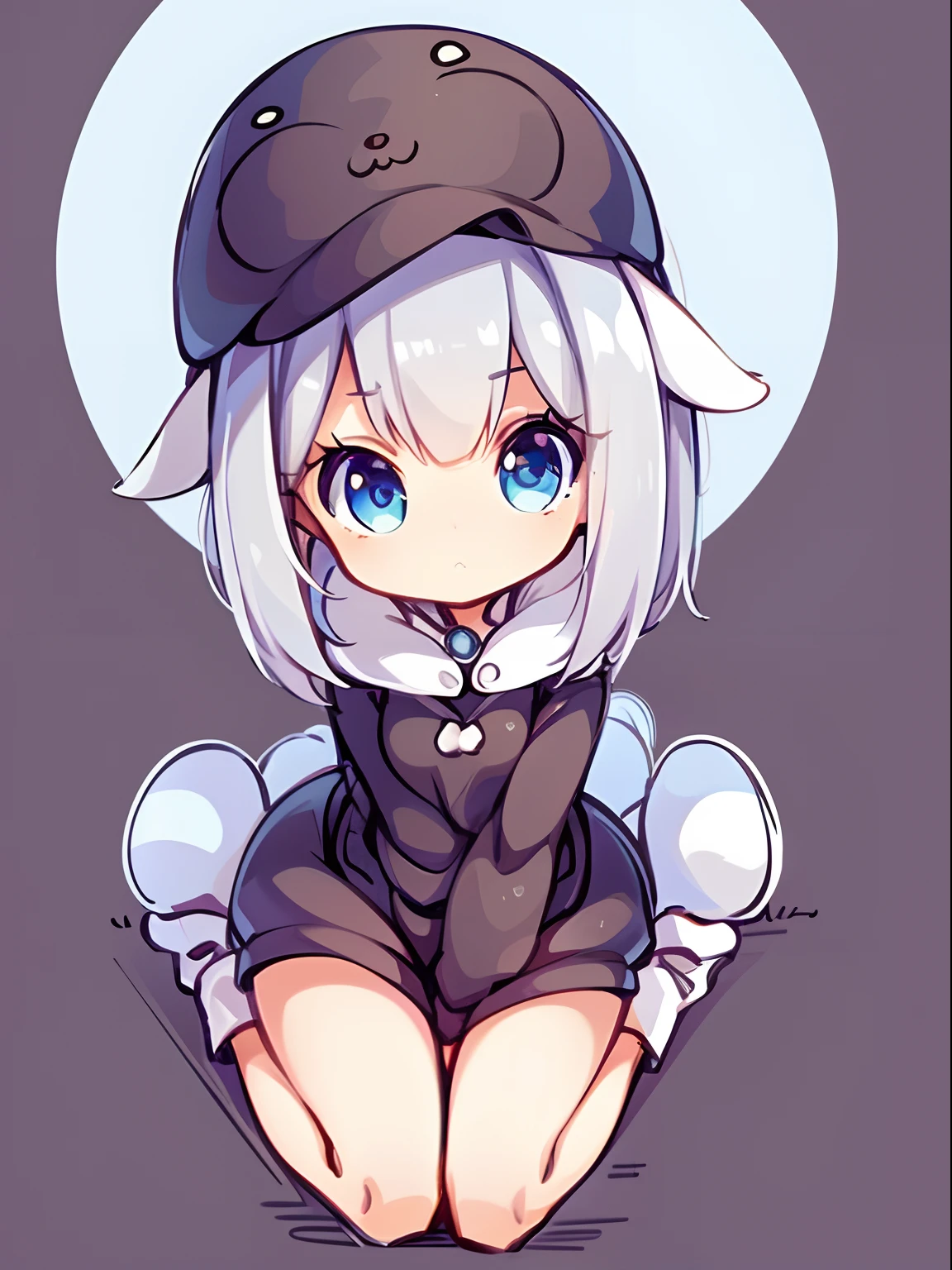 High quality, beautiful woman, mature, beautiful silver hair, short hair, bangs, Russian style beautiful woman, beautiful legs, beautiful taut breasts, beautiful butt, taut beautiful butt, beautiful butt, light blue eyes, rabbit costume, rabbit ears, rabbit ears hat on, girl, sitting on bed, looking up at moon, 1 girl, tail, rabbit tail, solo, hood with animal ears, little guy, rabbit ears, animal hood, a very cute and beautiful chibi anime girl, simple flat background, full body, standing, highly detailed face and eyes, clearly outlined, solo,