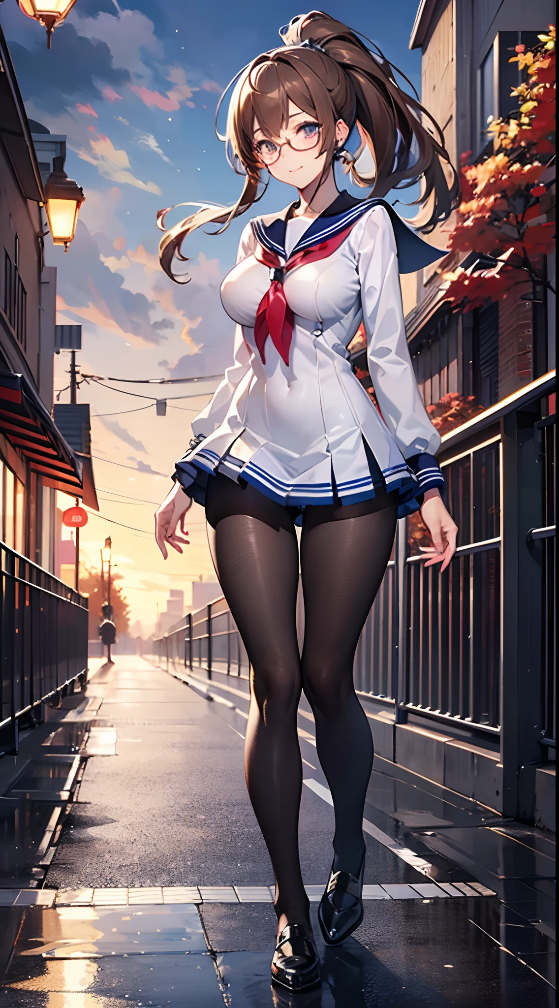 ((masutepiece)), ((Best Quality)), (Ultra-detailed), ((kawaii)), Cute, (lovely), ((Sexy)), (Ero), ((Extremely detailed)), 4K, (8K), Best Quality, (Beautiful), watercolor pencil, Realistic, Real, Focus on the face, full body focus, School, Autumn, Pretty women, Solo, Sailor Suit, Beautiful dark brown hair, Beautiful purple eyes, ((Beautiful eyes with highlights )), White-skinned, Ponytail, Transparent hair, translucent hair, large full breasts, tights, Glasses, Smile, Neon light, Wind-effect, reflection effect