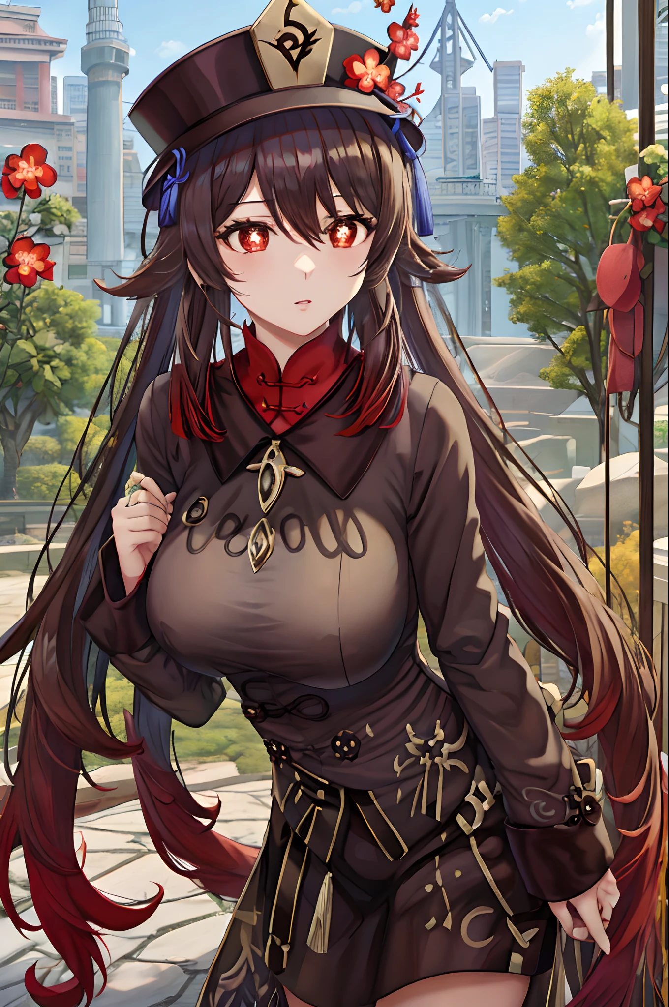 hu_tao, 1girl, brown hair, red eyes, long hair, earrings,(gigantic breasts:1.5), hair ornament, jewelry on the chest, hu tao clothes, standing, upper body, outdoors, park, flowers, lawn, trees, sunshine,