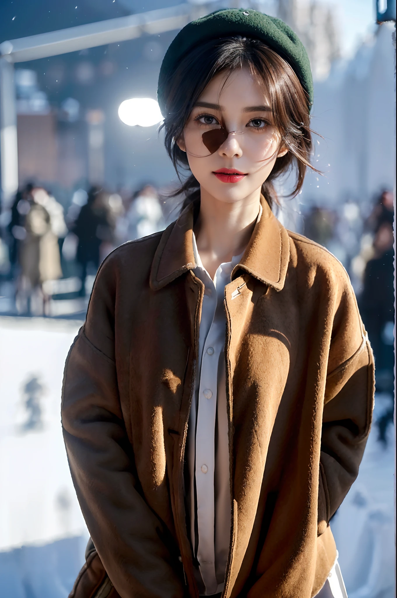 (shoulder length straight black bob hair:1),((((8k))),(Extremely meticulous CG) ,(wallpaper),16k,(Extremely refined and beautiful），（Masterpiece:2.0），（best qualtiy:2.0），（Ultra High Resolution:2.0），beautiful light up，Perfect lightning，realistic shaded，[A high resolution],(Smooth and flawless fair skin:1.5),Extremely exquisite facial details,(perfect body：1.1),ultra - detailed,A beautiful girl,small head,(Green baseball cap:1.1),small face,Exquisite makeup,Red lips,(Small breasts:1.1),Flat chests，slim，thin,happy Smile,(Brown woolen coat:1.5),(underneath the coat is white collared shirt and pants:1.4),(black sneakers:1.3),(nightfall:1.5),Sunset light,(Surrounded by a crowded crowd:1.5),At the school gate,(close-up of face:1.3),from front,snowscape,rime,looking at viewer