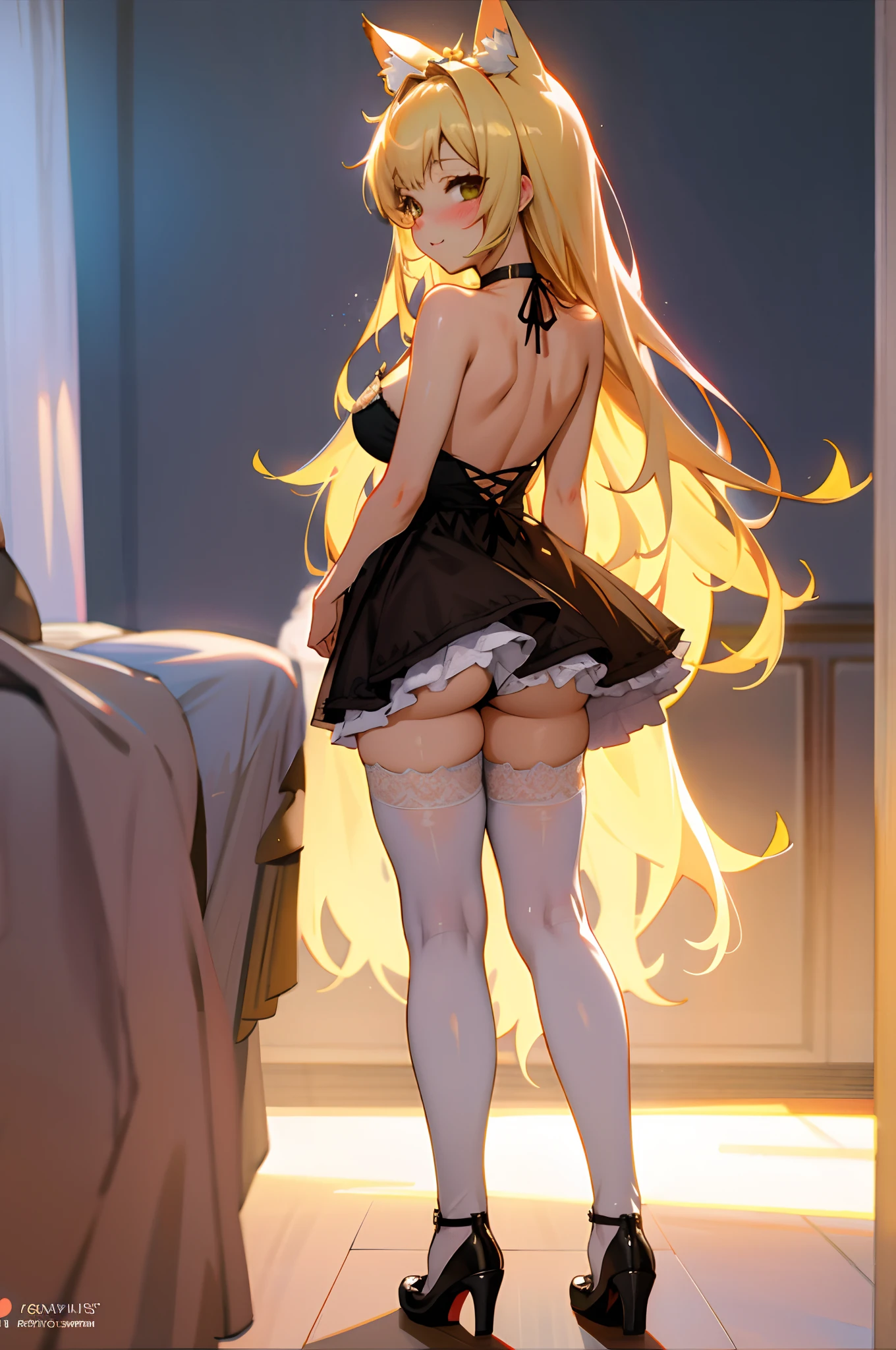 Rear view pov. Nekopara Vanilla anime style. Bunny girl outfit submissivegirl wearing revealing lace opaquelike nightie and thigh highs, heels and choker. Hot. Babe. cute, amazingly girly. Cute. anime girl. feminine anatomy, huge exposed dimples chest melons very large. very feminine pose. Gorgeous features . Very revealing pose standing in a bedroom .