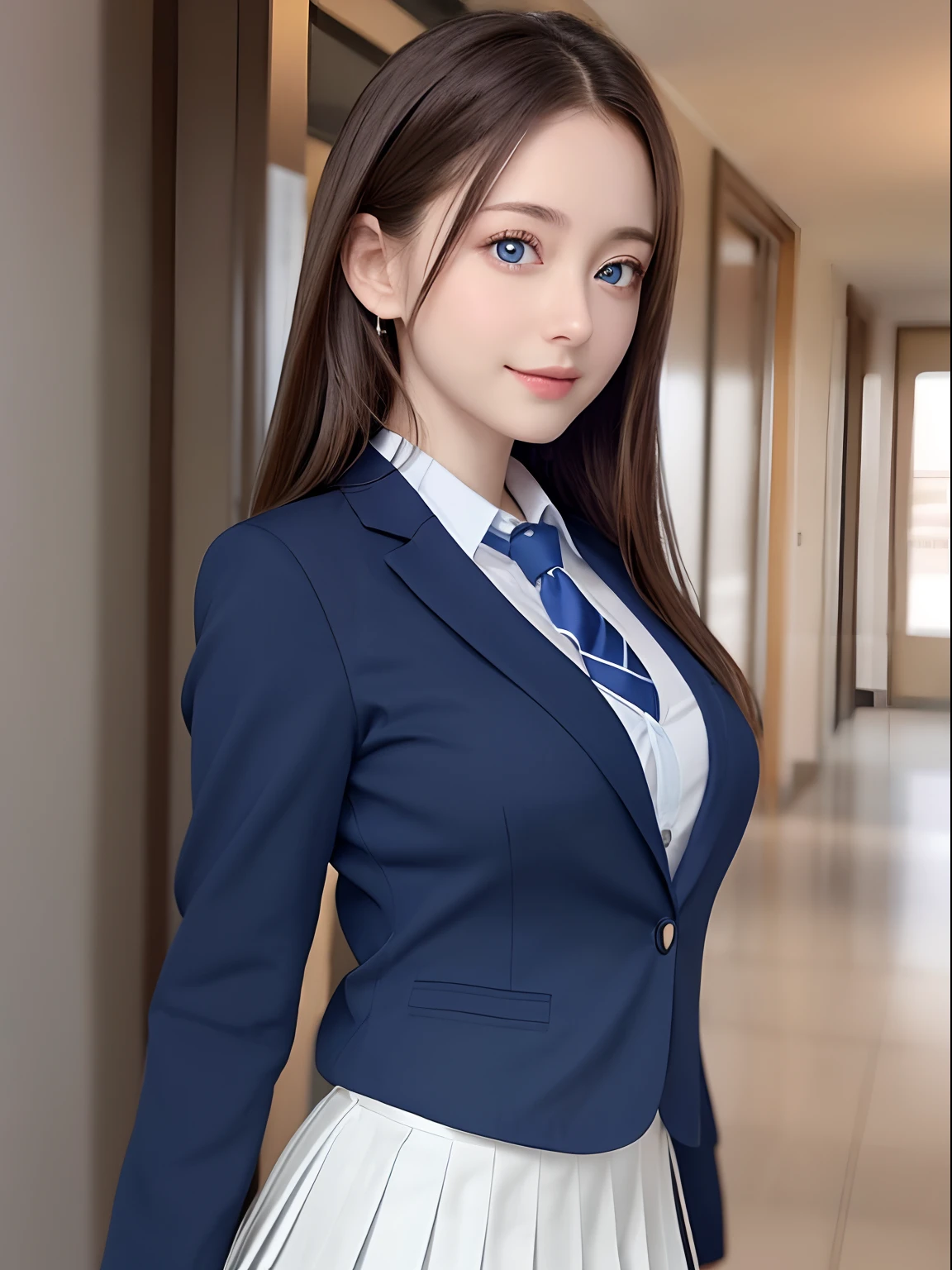 8K, Best Quality, real picture, Intricate details, ultra-detailliert, 超A high resolution, Depth Field,(Photorealistic,Realistic:1.2),masutepiece , straight-on shot , from miiddle ,
1girl in, AI_chan, an extremely beautiful -yeld gi Innocent big eyes,、beutiful breast:1.5、ultradetailed eyes:1.2)、(Beautiful breasts:1.1)、Silvery head hair、blue eyess、Straight hair、 flawless skin, Fair skin, Beautiful breasts、Narrow waist, Light blush, Solo, taken from the under、pantie shot, lightsmile,cowboy shot、
((School_uniform)、(Dark blue blazer) 、(white shirt、Wearing a tie), (Grey pleated skirt)、Stand in the hallway、
(Gravure Pose :1.1)