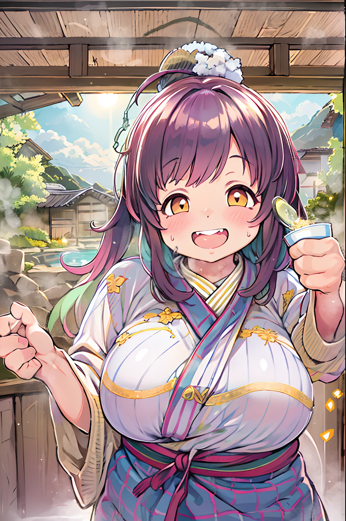 masutepiece, Best Quality, 女の子1人、huge-breasted、bbw、Holding (sake)1.5、Thumbs up、huge smile、in onsen