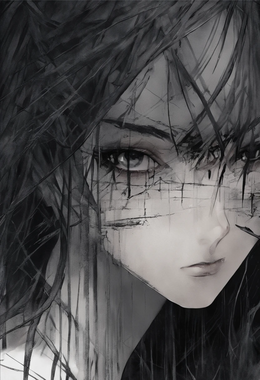 simple background, monochrome, horror (theme) there is a broken picture, black paint splatted, red blood splatted, smoked, red blood (((anime girl character))), long white hair