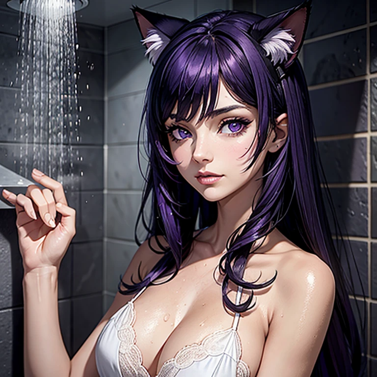 Il y a une femme adulte qui prend sa douche, under shower, bathroom, wet skin, wet hair ,shining skin, cat ears,, Dark and purple hair, black hair and purple locks, cat ears on the head, belle poitrine, Avatar de seconde vie, Nice screenshot, Seconde vie,, seductive woman, high quality, high detailled skin,