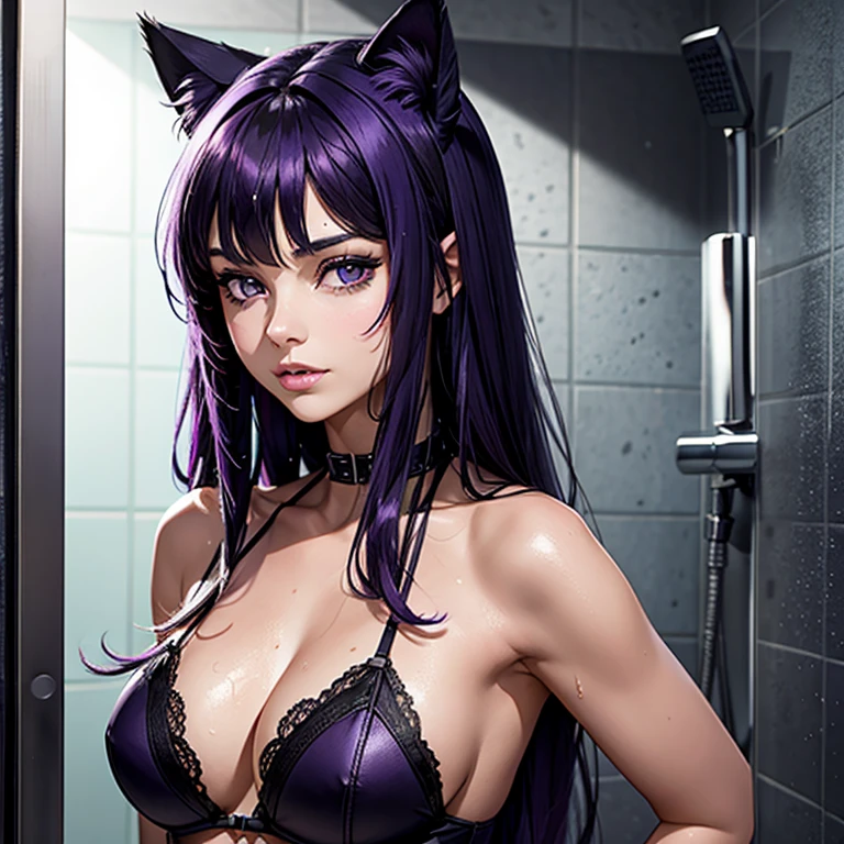 Il y a une femme adulte qui prend sa douche, under shower, bathroom, wet skin, wet hair ,shining skin,  cat ears,, Dark and purple hair, black hair and purple locks, cat ears on the head, belle poitrine, Avatar de seconde vie, Nice screenshot, Seconde vie,, seductive woman, high quality, high detailled skin,