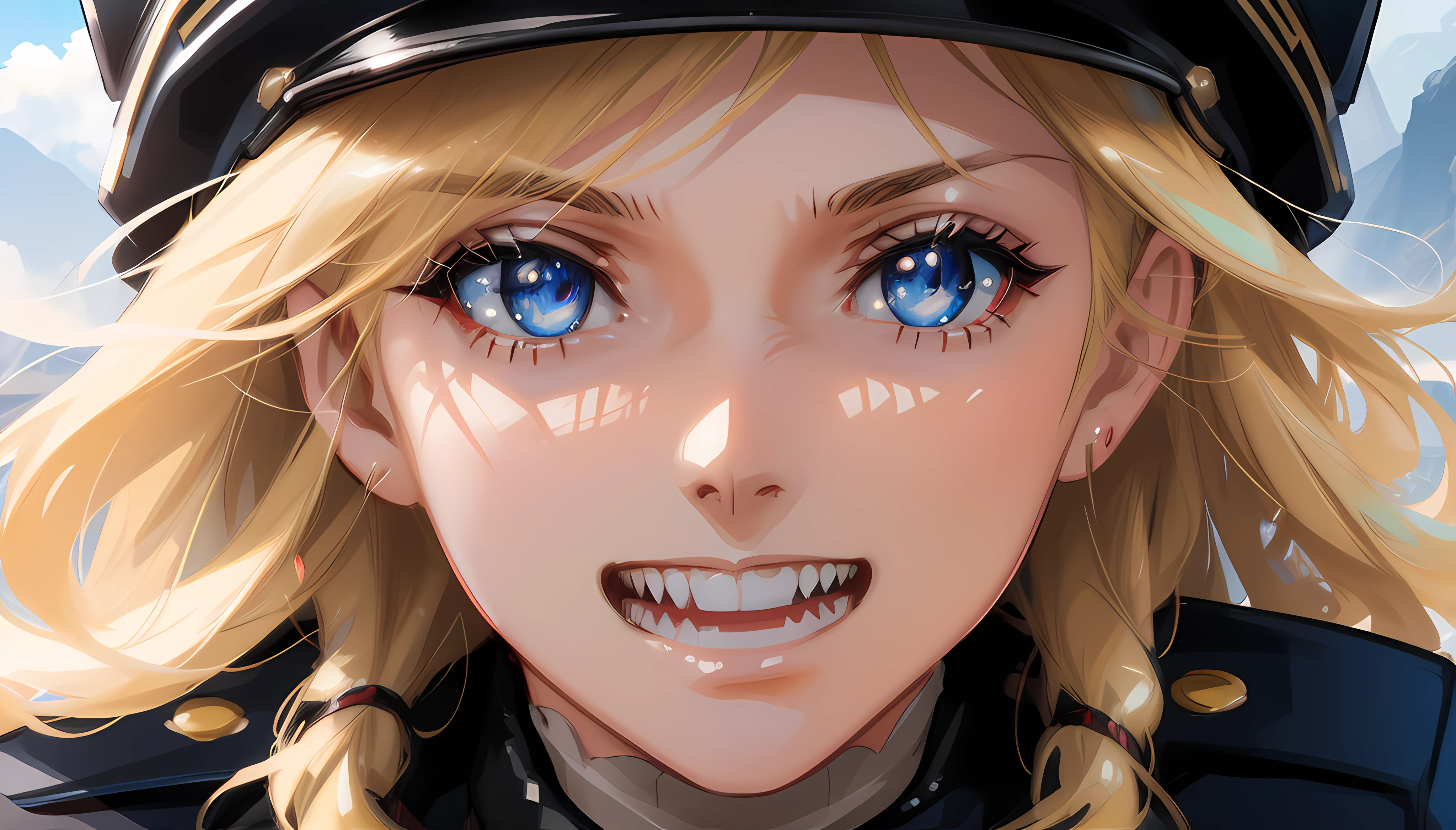 anime artwork {a beautiful girl in black leather, german style military uniform, full body shot, 8k, sharp focus, hyperrealism, 8k resolution, emitting diodes, beautiful, see the camera, beautiful eyes, blonde} . anime style, key visual, vibrant, studio anime, highly detailed, Miki Asai Macro photography, close-up, trending on artstation, sharp focus, intricate details, by greg rutkowski