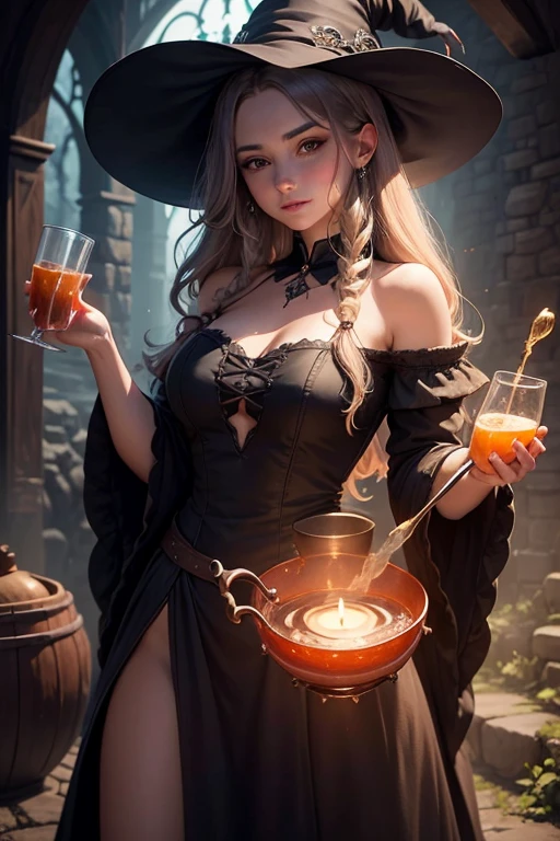 a beautiful young witch in an evening dress brews a potion in a large cauldron