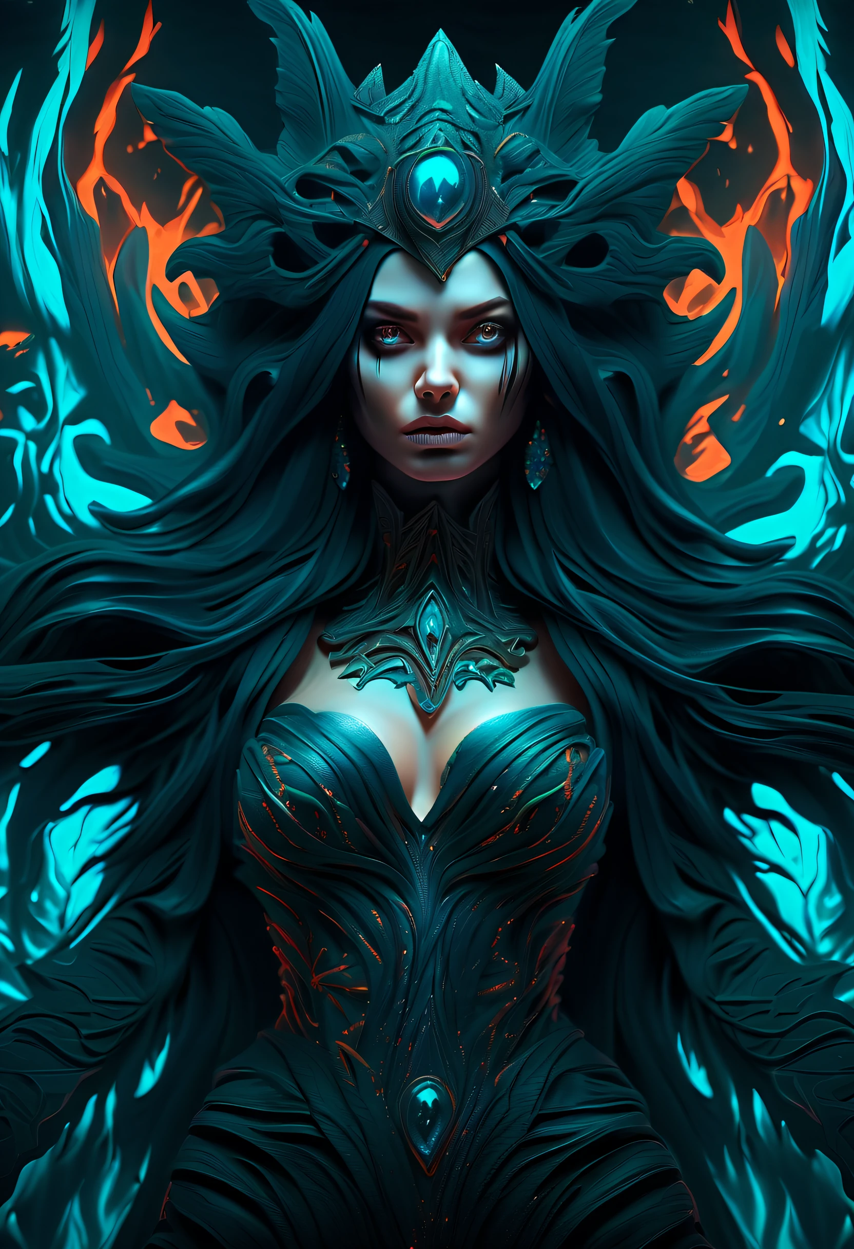 dark fantasy style, an true evil girl, surrounded by a fusion of dark cyan flames and shadows. dark lighting adds to eerie atmosphere, rich colors and gradients create a mesmerizing effect, stunning matte painting is created with a mix of gouache, oil paint, gel ink paint, ultimate masterpiece is a perfect blend of horror and awe, with various stroke techniques adding depth to the illustration, ultimate masterpiece is meticulously detailed, stroke techniques that enhance the overall atmosphere of fear and dread, beauty and intricacy details, rich colors, stunningly detailed renderings, (((intricate insane detailed:1.3))),