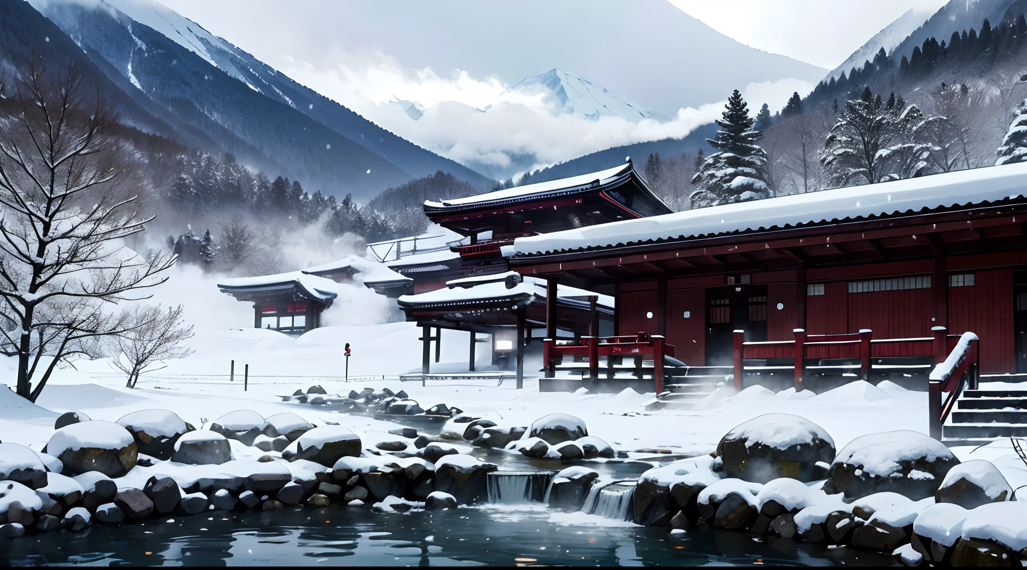 yuki、(snow mountains、Foggy、hot onsen)、falls