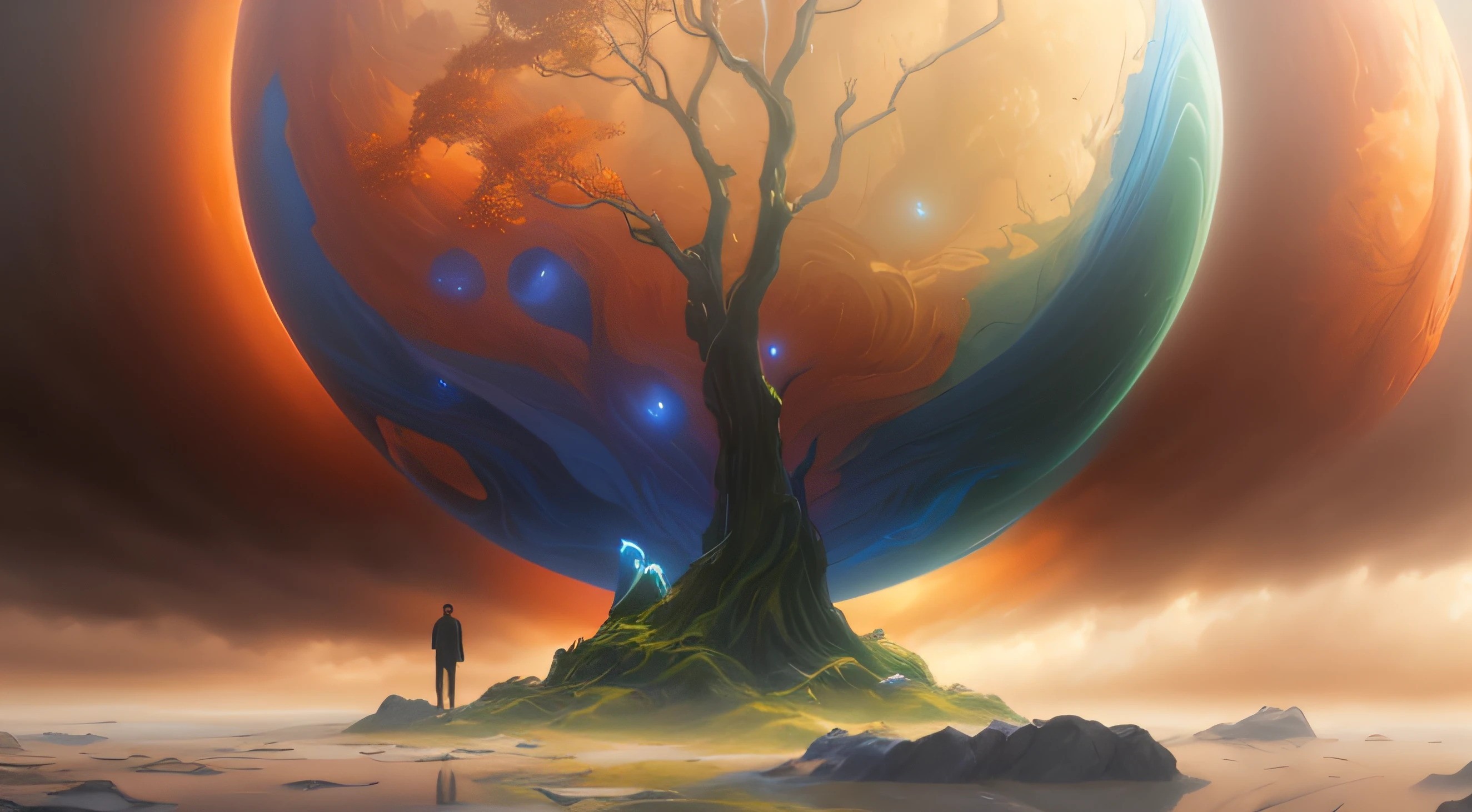 There was a man standing in front of a giant tree, Surrealism 8k, 4 k surrealism, epic surrealist 8K oil painting, Surreal art, surreal gediminas pranckevicius, surrealistic digital artwork, sylvain sarrailh and igor morski, surreal concept art, 4k highly detailed digital art, ultrarealistic digital art
