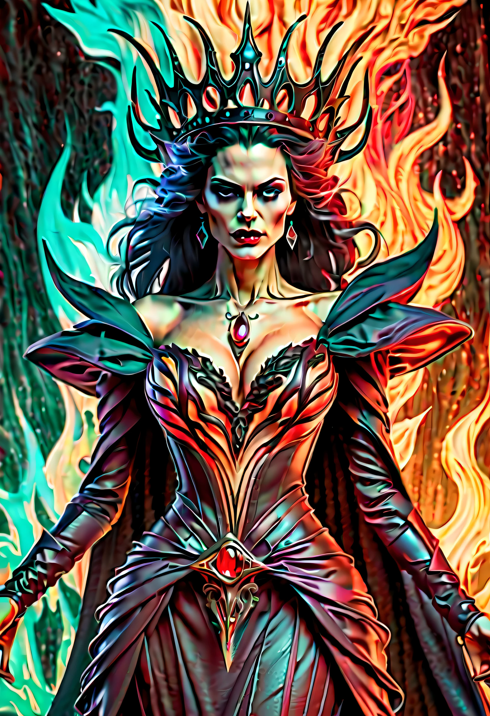 dark fantasy hell world, an true evil queen emerges from its hell form, surrounded by a fusion of dark cyan flames and shadows. dark lighting adds to eerie atmosphere, rich colors and gradients create a mesmerizing effect, stunning matte painting is created with a mix of gouache, oil paint, gel ink paint, ultimate masterpiece is a perfect blend of horror and awe, with various stroke techniques adding depth to the illustration, ultimate masterpiece is meticulously detailed, stroke techniques that enhance the overall atmosphere of fear and dread, beauty and intricacy details, rich colors, stunningly detailed renderings,