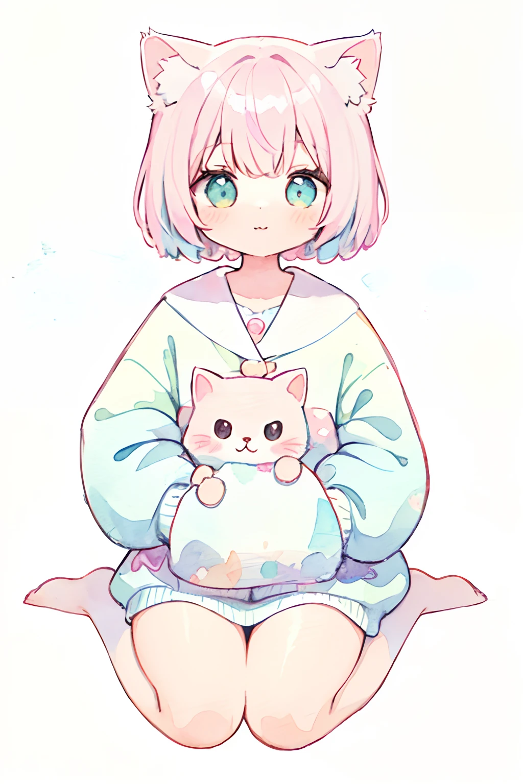 cat, fullbody,1 girl,
(pastel color:1.5),(cute illustration:1.5),(watercolor:1.2),white back ground,