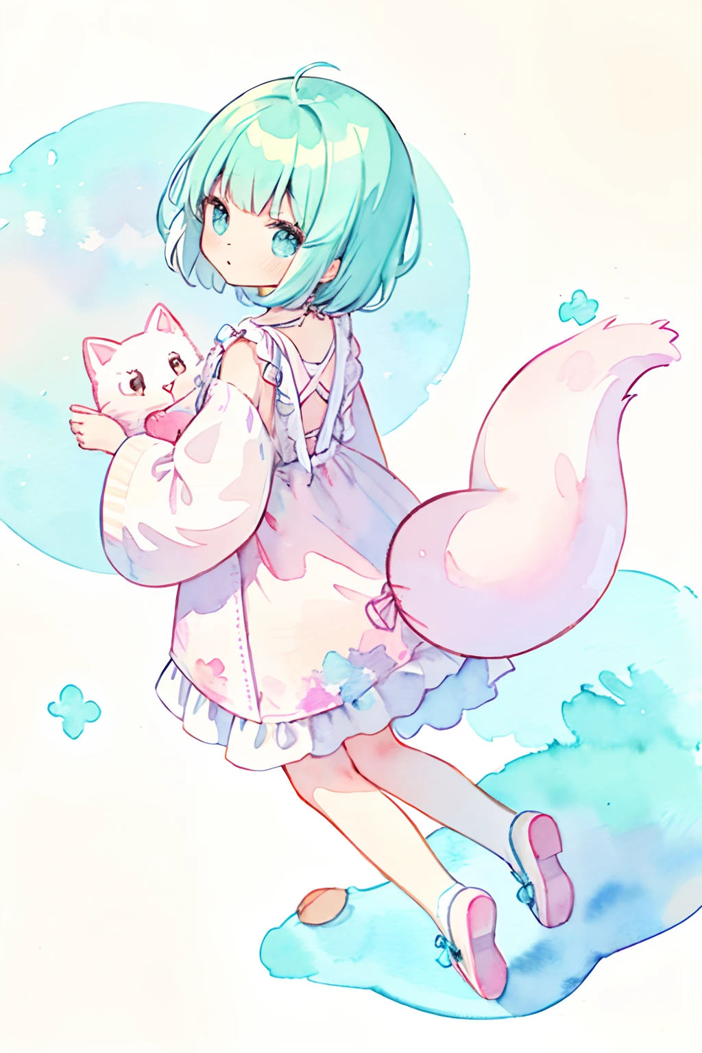 cat, fullbody,1 girl,
(pastel color:1.5),(cute illustration:1.5),(watercolor:1.2),white back ground,