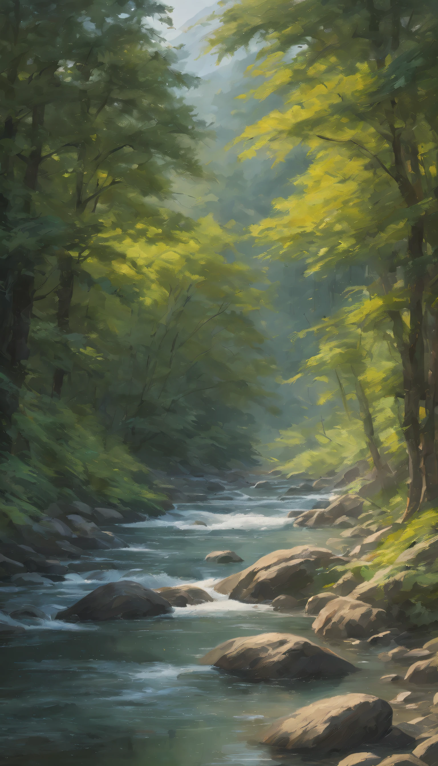 A mountain stream(best qualtiy,4k,8k,high rise,tmasterpiece:1.2),super-fine,(realisticlying,photograph realistic,Foto realism:1.37),oil painted,1girll,smiley, Transparent sunglasses, Vivid colors.painting of a,peacful,serenidade,placid,Clear water,Smooth pebbles,sunlight filtering through the trees,Subtle color transitions,Soft brushstrokes,Gradient effect,vague background,Lush greenery,Soothing atmosphere