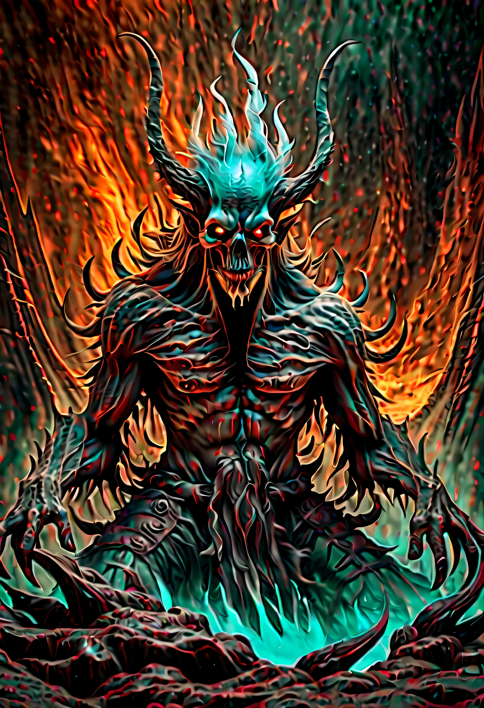 dark fantasy hell world, an true evil creature emerges from its decaying form, surrounded by a fusion of dark cyan flames and shadows. dark lighting adds to eerie atmosphere, rich colors and gradients create a mesmerizing effect, stunning matte painting is created with a mix of gouache, oil paint, gel ink paint, ultimate masterpiece is a perfect blend of horror and awe, with various stroke techniques adding depth to the illustration, ultimate masterpiece is meticulously detailed, stroke techniques that enhance the overall atmosphere of fear and dread, beauty and intricacy details, rich colors, stunningly detailed renderings,