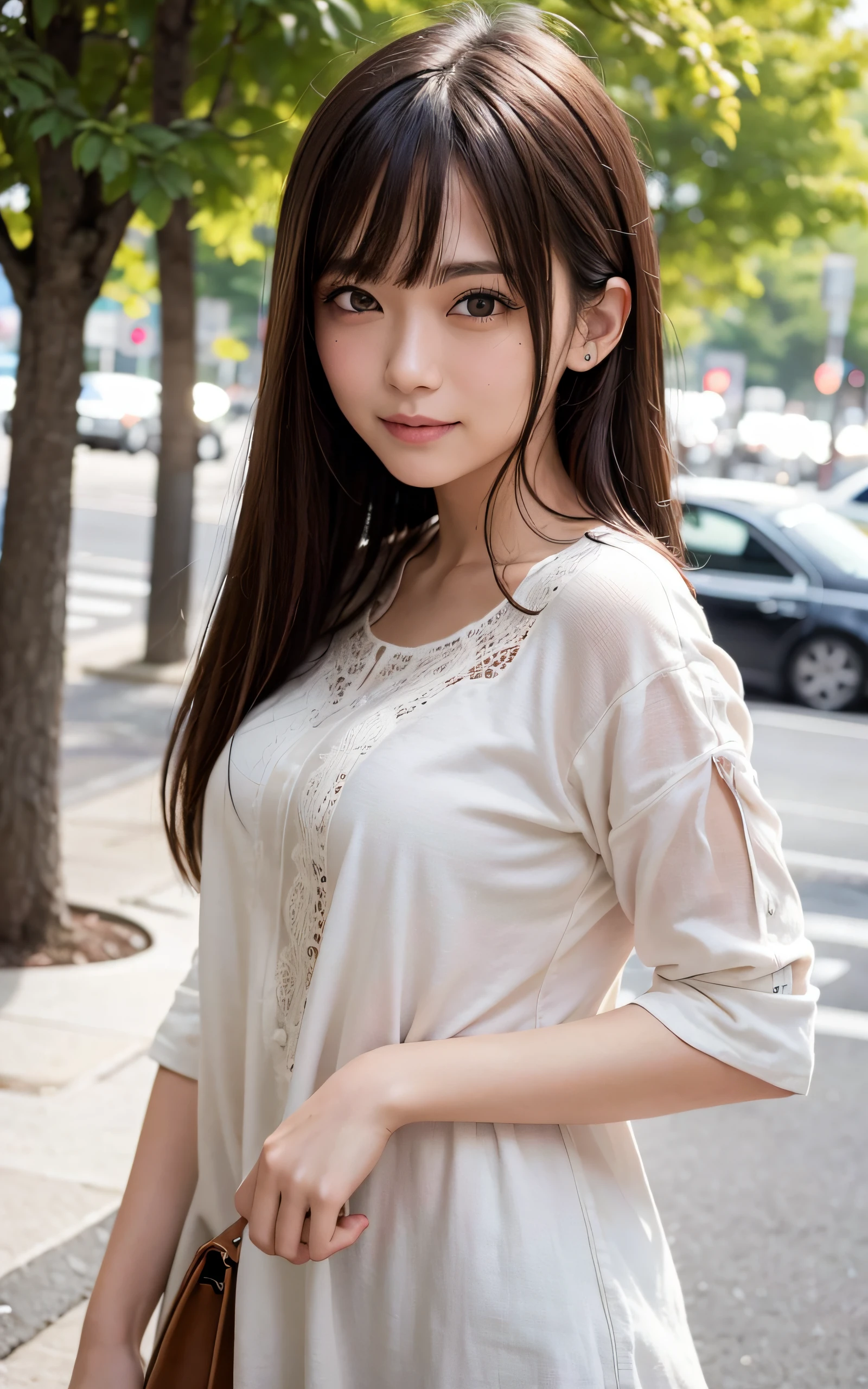masutepiece, ultra-detailliert, Best Quality, raw phote, (Photorealistic:1.1), Insanely detailed, 1girl in, Beautiful, Cute, blouse, ennui, open mouth slightly, smile, medium hair, Bangs, How the ends of the hair are blown up by the wind, (Brown eyes), pale skin, from the front side, Soft light, depth of fields ,park, crowd of people