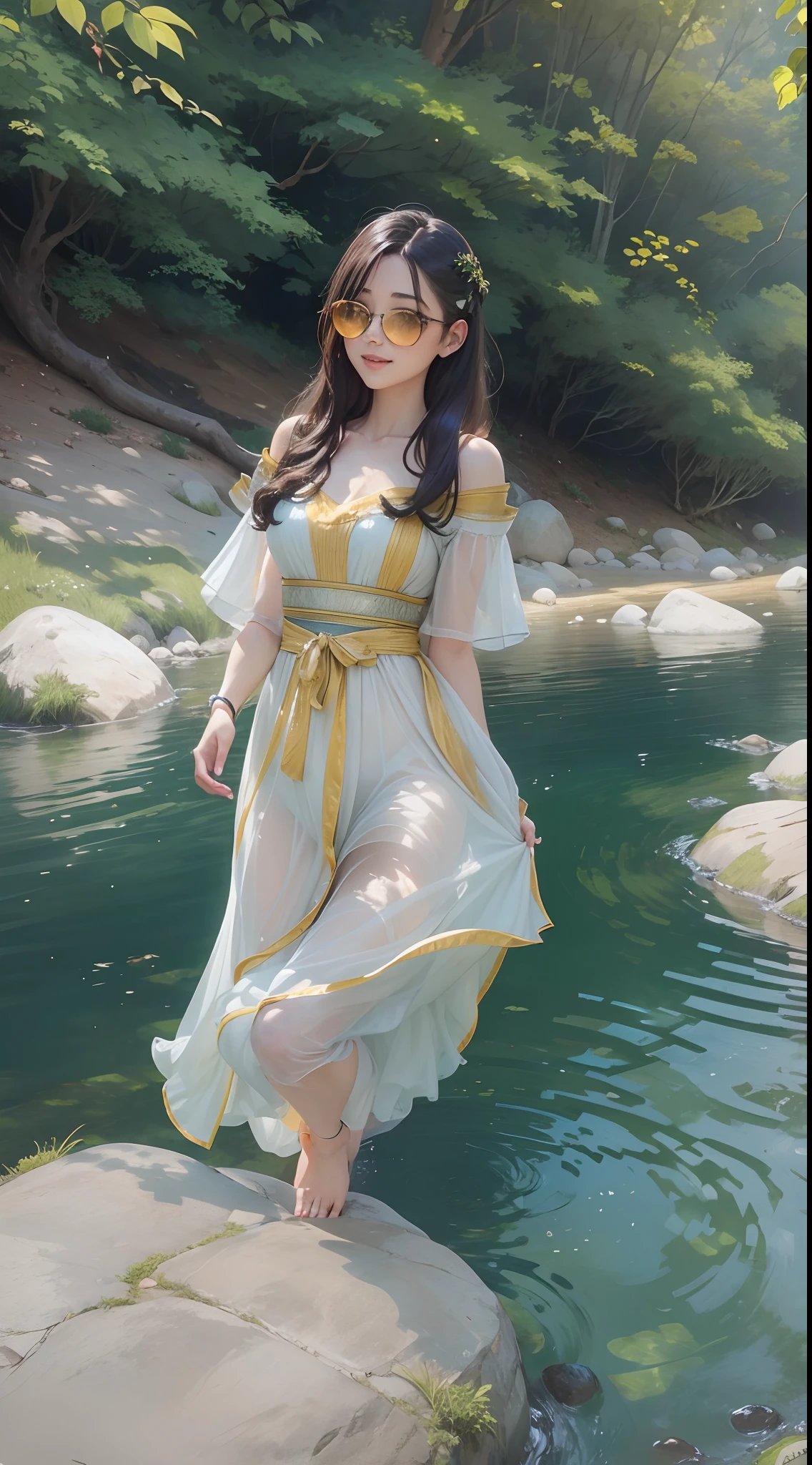 1girll,smiley, Transparent sunglasses, Vivid colors.Stand in the stream，A mountain stream（best qualtiy，4k，8k，high rise，tmasterpiece：1.2），super-fine，（realisticlying，photograph realistic，Foto realism：1.37），peacful，serenidade，placid，Clear water，Smooth pebbles，sunlight filtering through the trees，Subtle color transitions，Soft brushstrokes，Gradient effect，vague background，Lush greenery，Soothing atmosphere