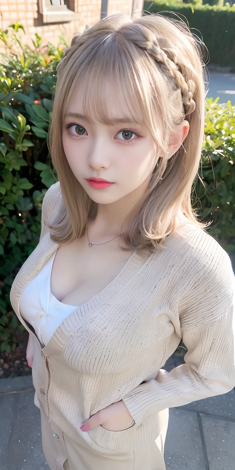 masutepiece, Best quality,  (8K highest quality、tmasterpiece:1.2),(Photorealsitic:1.4),octane renderings,3D rendering hyper-detail, realistic skin textures, Beautiful detail eyes, Very detailed CG Unity 16k wallpaper, 1girll，putting makeup on，((Photorealsitic:1.3, RAW photography, Top image quality: 1.3)), Very detailed and professional lighting,（Background of the natural park:1.2）, ((Perfect full body configuration1.3)), ((Beautiful detailed eyes, Clean face、gaze staring at the camera,long eyelasher,largeeyes,Distinct double eyelids,Exquisite hand details,clean skin quality,Gloss on lips)),((Random cute facial expressions:1.3)),((Random cute hairstyle)), shiny skins, full bodyesbian,(Angle from Above), ((Beige cardigan:1.3))