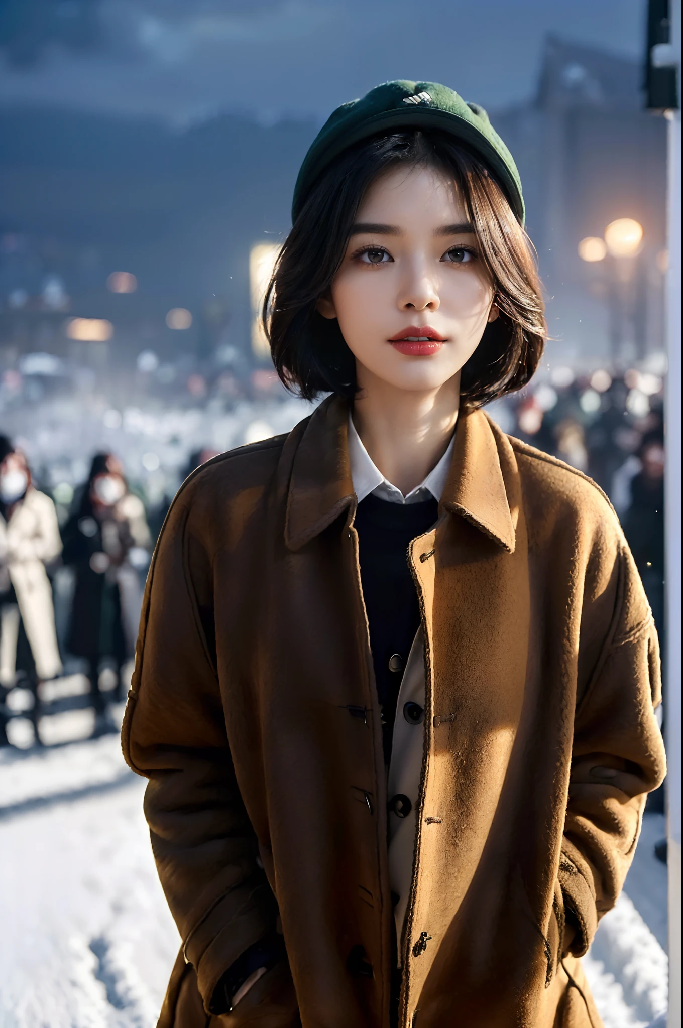 (shoulder length straight black bob hair:1),((((8k))),(Extremely meticulous CG) ,(wallpaper),16k,(Extremely refined and beautiful），（Masterpiece:2.0），（best qualtiy:2.0），（Ultra High Resolution:2.0），beautiful light up，Perfect lightning，realistic shaded，[A high resolution],(Smooth and flawless fair skin:1.5),Extremely exquisite facial details,(perfect body：1.1),ultra - detailed,A beautiful girl,small head,(Green baseball cap:1.1),small face,Exquisite makeup,Red lips,(Small breasts:1.1),Flat chests，slim，thin,happy Smile,(Brown woolen coat:1.5),(underneath the coat is white collared shirt and pants:1.4),(black sneakers:1.3),(nightfall:1.5),Sunset light,(Surrounded by a crowded crowd:1.5),At the school gate,(close-up of face:1.3),from front,snowscape,rime,looking at viewer,full body