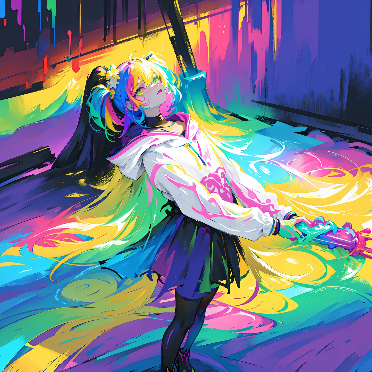 rainbow paint, a girl made entirely out of rainbow paint, entirely paint, 1girl, all rainbow paint, hdr, (intricate details, hyperdetailed:1.15),  gorgeous lighting, rainbow, paint splatter, splashes, very rainbow, very colorful, neon, paint drops, rainbow paint background, colorful background