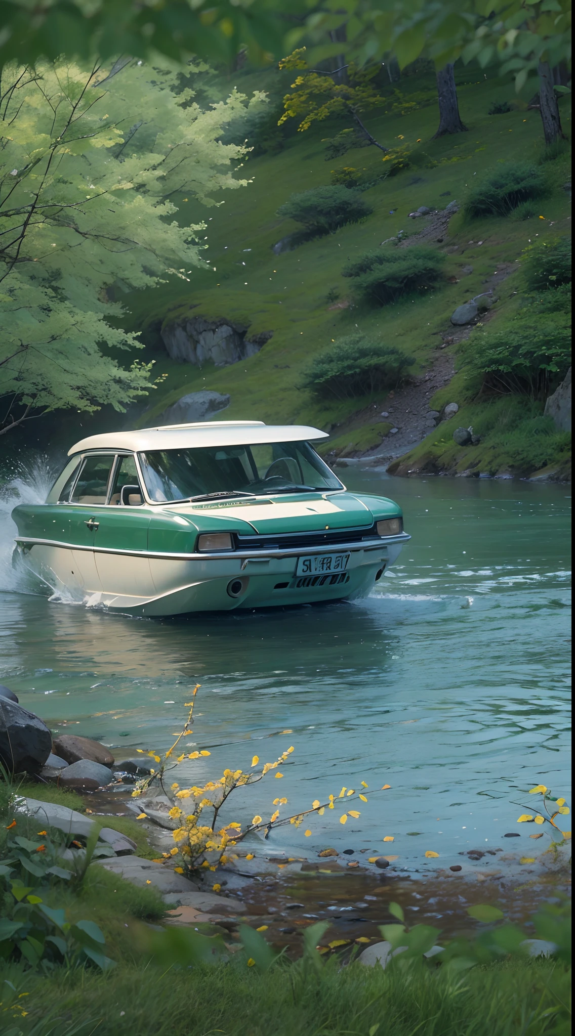 1girll,smiley, Transparent sunglasses, Vivid colors.Stand in the stream，A mountain stream（best qualtiy，4k，8k，high rise，tmasterpiece：1.2），super-fine，（realisticlying，photograph realistic，Foto realism：1.37），peacful，serenidade，placid，Clear water，Smooth pebbles，sunlight filtering through the trees，Subtle color transitions，Soft brushstrokes，Gradient effect，vague background，Lush greenery，Soothing atmosphere