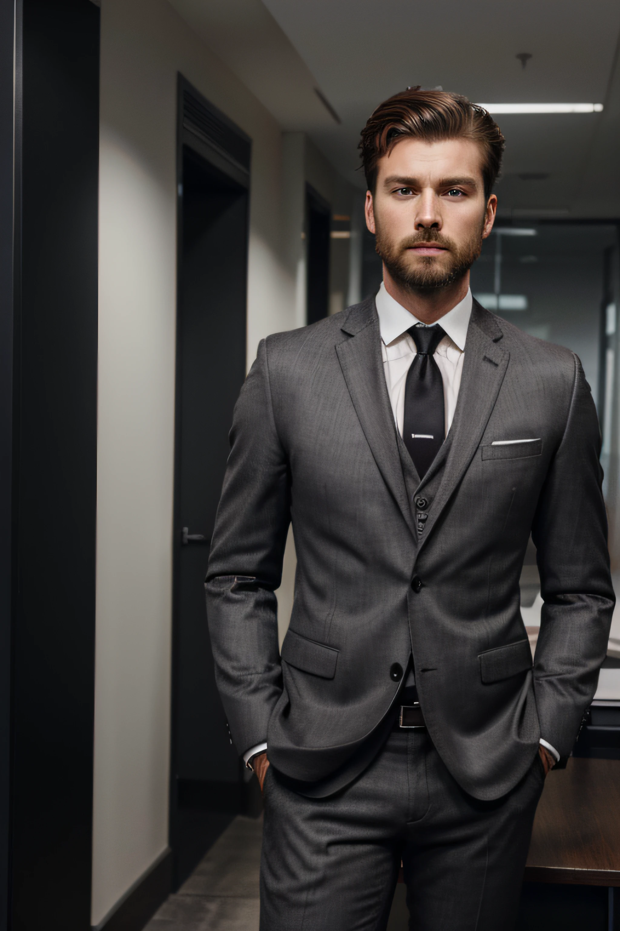 30 years handsome man named John, extremely masculine, beard, RAW photo, brown hair, quiff hairstyle, black office shirt, grey plain suit (slim fit), high detail face, direct look, high detail hands, high detail eyes, white skin, ultrarealistic, full posture photo, Nikon, dark shot