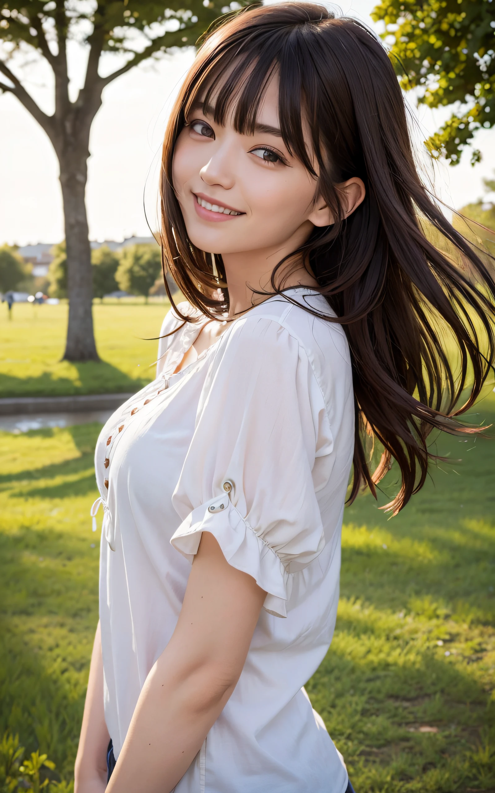 masutepiece, ultra-detailliert, Best Quality, raw phote, (Photorealistic:1.1), Insanely detailed, 1girl in, Beautiful, Cute, blouse, ennui, open mouth slightly, smile, medium hair, Bangs, How the ends of the hair are blown up by the wind, (Brown eyes), pale skin, from the front side, Soft light, depth of fields ,park, crowd of people