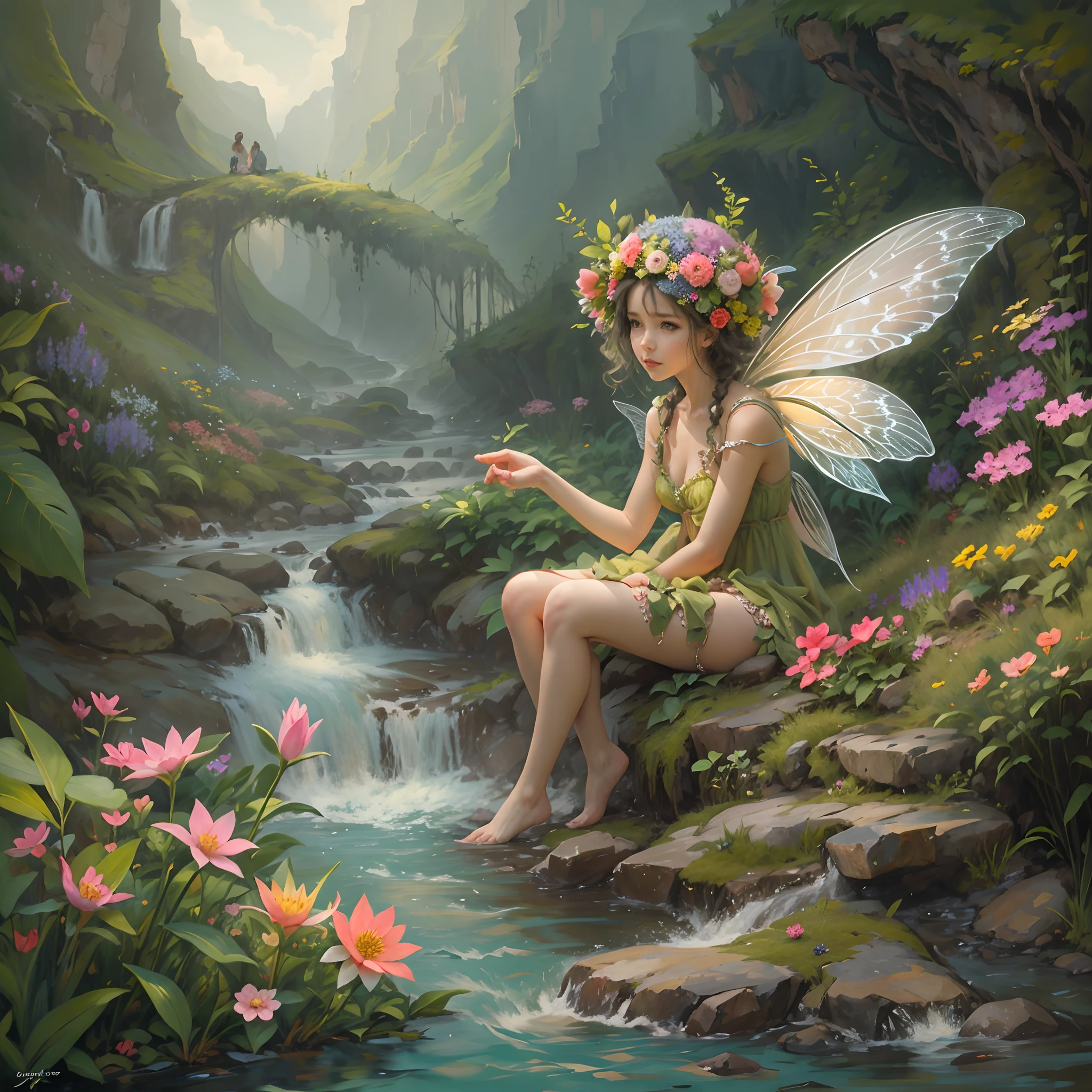 The flower fairy sits by a mountain stream