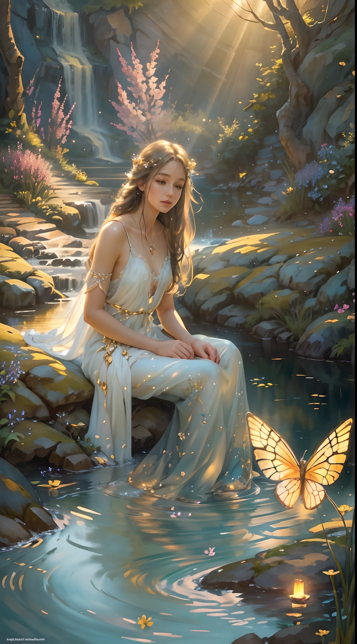 A fairy sitting by a stream in the mountains,illustrated,soft lighting,vibrant colors,flowing water,magical atmosphere,delicate wings,peaceful and tranquil setting,nature-inspired details,subtle glimmers of light,ethereal and dreamy,magical forest backdrop,sparkling reflections on the water,serene expression,flowers blooming around her,golden hour sunlight,whimsical and enchanting,mystical aura,airy and light movement,fantasy-inspired elements. (best quality,4k,highres),ultra-detailed,photorealistic,portrait,watercolor-like style,warm golden tone.