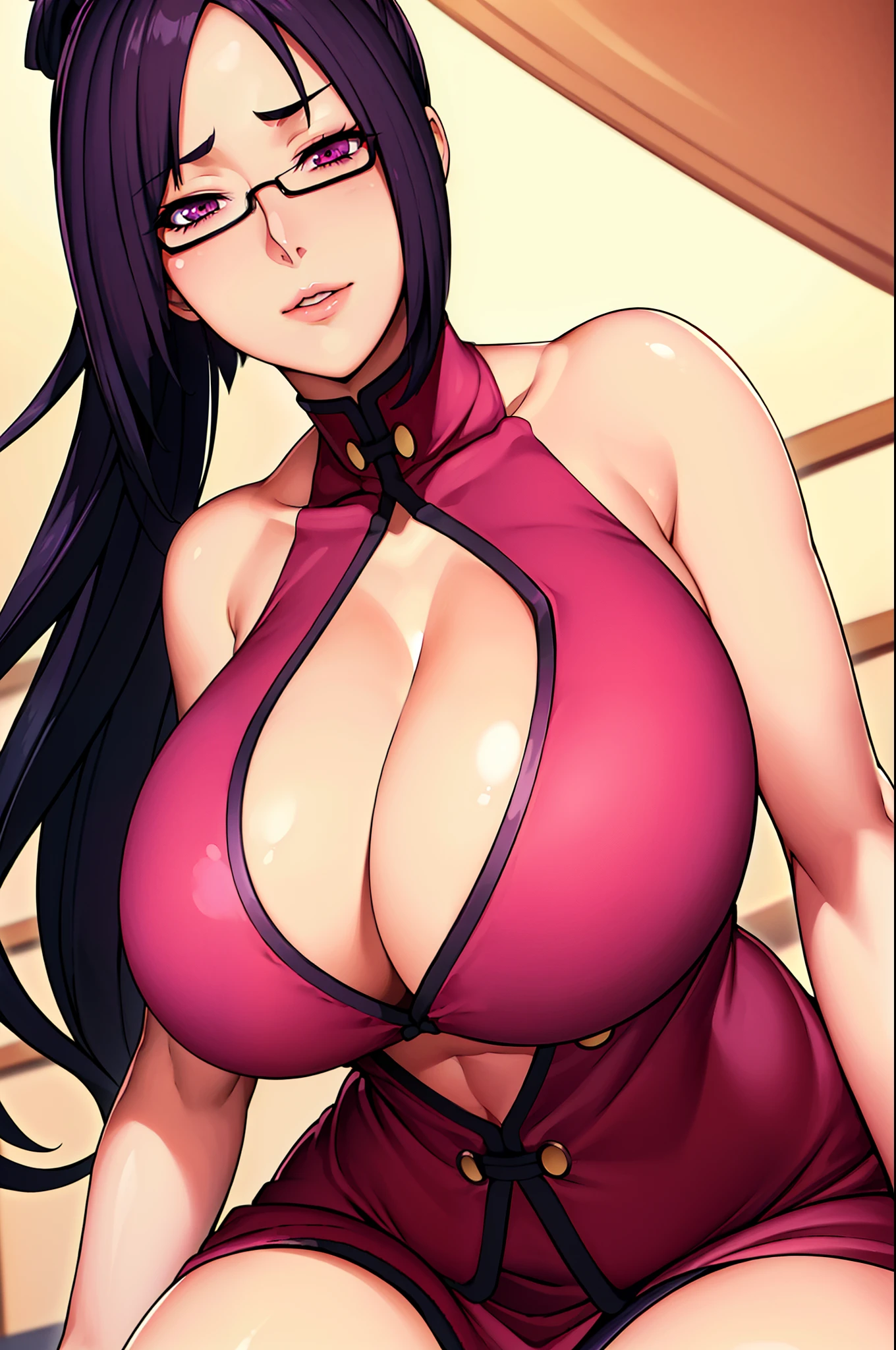 at bedroom, sitting pose, pov from below, Pink dress, chinese clothes, cleavage cutout, clothing cutout, bare shoulders, semi-rimless eyewear, black hair, very long hair, ponytail,Bangs,purple eyes, 1 girl, 20yo,Young female,Beautiful Finger,Beautiful long legs,Beautiful body, Beautiful Nose,Beautiful character design, perfect eyes, perfect face,expressive eyes,perfect balance, looking at viewer,(Focus on her face), official art,extremely detailed CG unity 8k wallpaper, perfect lighting,Colorful, Bright_Front_face_Lighting,White skin, (masterpiece:1.0),(best_quality:1.0), ultra high res,4K,ultra-detailed, photography, 8K, HDR, highres, absurdres:1.2, Kodak portra 400, film grain, blurry background, bokeh:1.2, lens flare, (vibrant_color:1.2),professional photograph, (Beautiful,huge_Breasts:1.4), (beautiful_face:1.5),(narrow_waist),