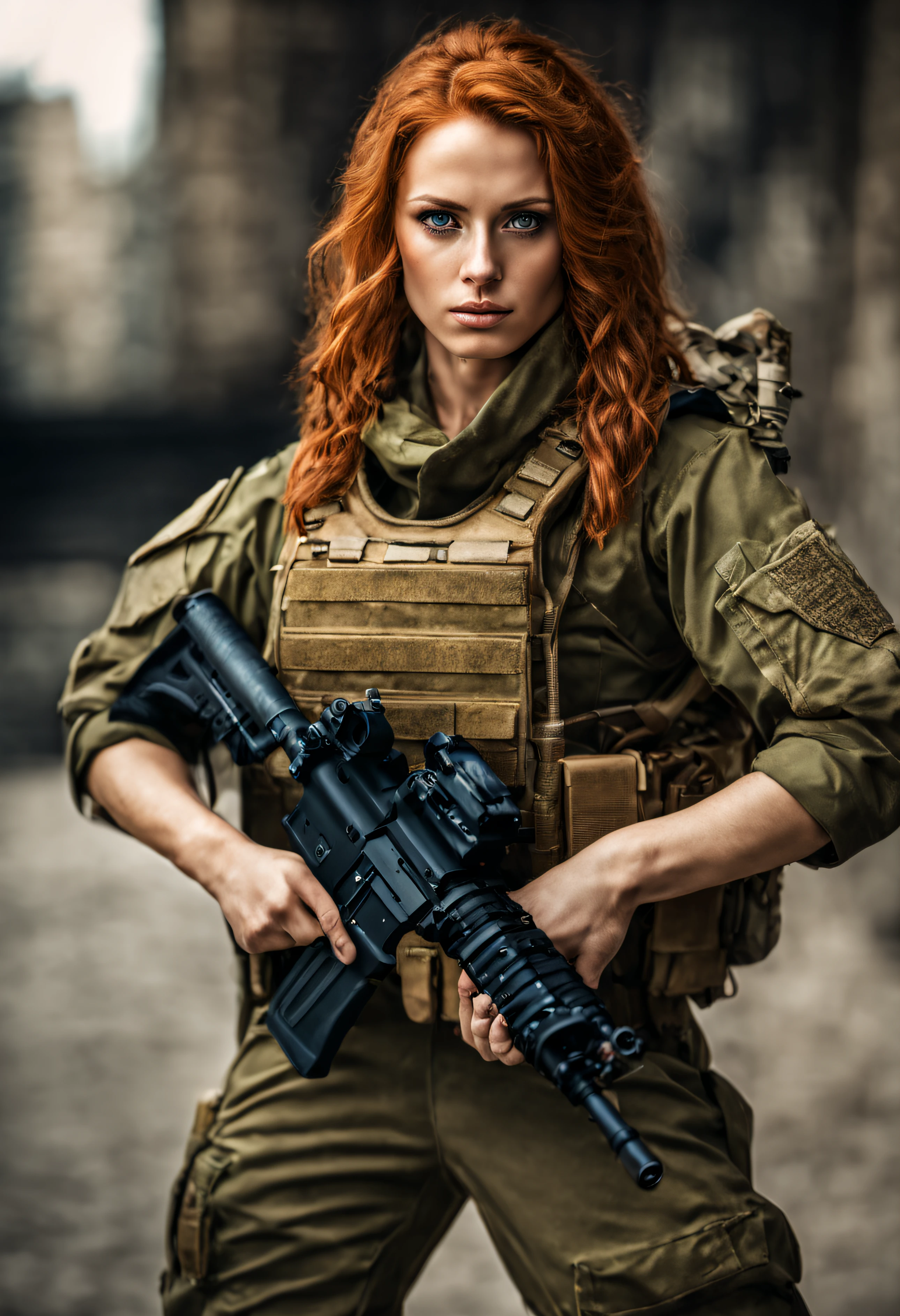A young woman with orange hair and green eyes, dressed in military attire, posing for a photo session while holding a rifle outdoors, reminiscent of Call of Duty and Escape from Tarkov's Private Military Company (PMC), On her right arm, there is volumetric lighting, soft glow, depth of field, highly detailed photography, low contrast, pastel colors, like Kodak Portra 400, in 8k resolution, looking at viewer, perfect hands, war zone background