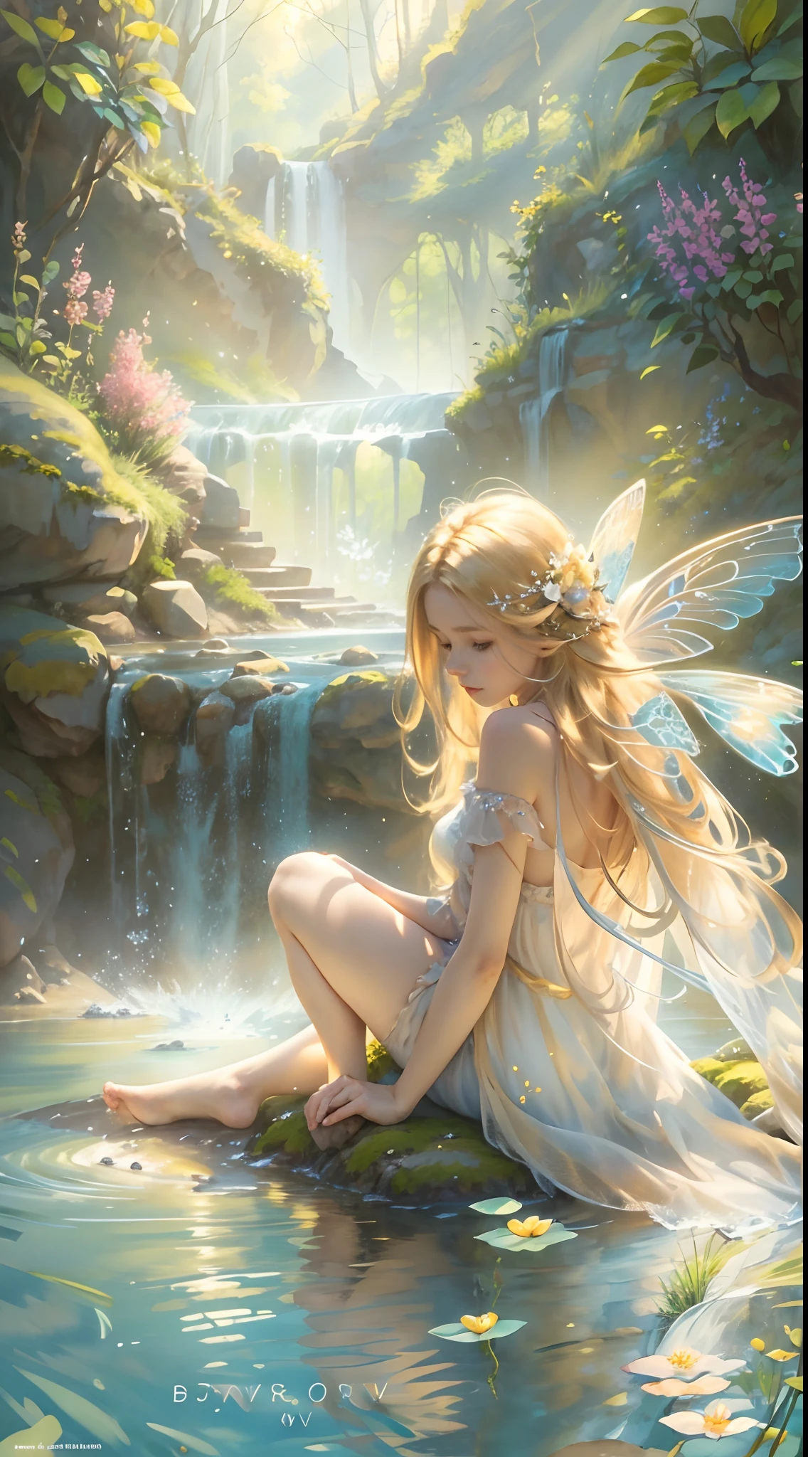 A fairy sitting by a stream in the mountains,illustrated,soft lighting,vibrant colors,flowing water,magical atmosphere,delicate wings,peaceful and tranquil setting,nature-inspired details,subtle glimmers of light,ethereal and dreamy,magical forest backdrop,sparkling reflections on the water,serene expression,flowers blooming around her,golden hour sunlight,whimsical and enchanting,mystical aura,airy and light movement,fantasy-inspired elements. (best quality,4k,highres),ultra-detailed,photorealistic,portrait,watercolor-like style,warm golden tone.