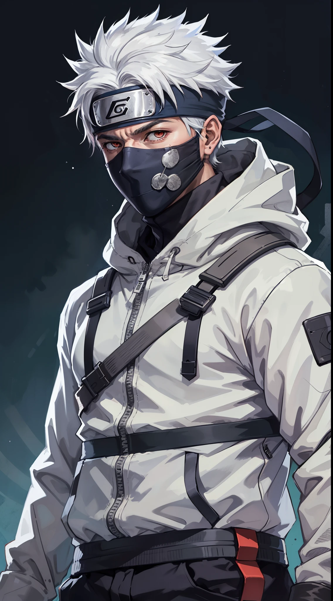 masterpiece, best quality, ultra-detailed, upper body shot, 1man, male focus, Kakashi hatake, wearing Streetwear Hoodie, white hair, glow Red eyes, Cyborg mask, cool attitude, dinamic lighting, vivid colours, Urban Background ,