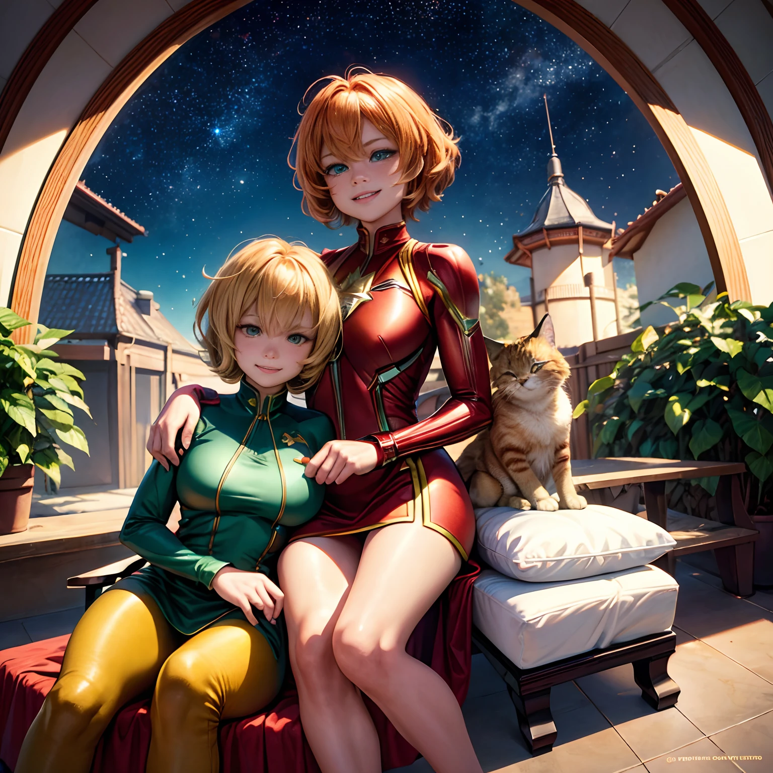 A fluffy orange tabby cat with green eyes and a red collar. The cat is sleeping on the lap of Captain Marvel, who is wearing her blue and red suit and smiling at the camera. Behind them is a starry sky and a spaceship. giga_busty