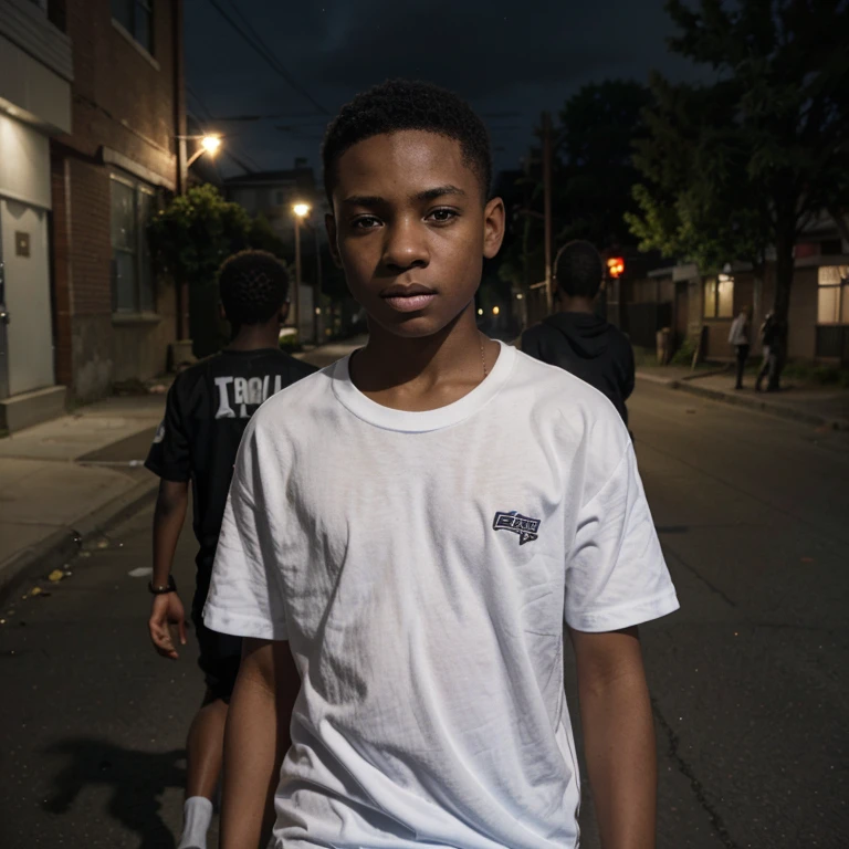 animated, 12 year old, boy, male, violent, neighbourhood, super high resolution: 1.0, white shirt, black male, walking home from school, dark sky, gang violence, gang shootings, bullets, guns, street lights, scared, frightened.
