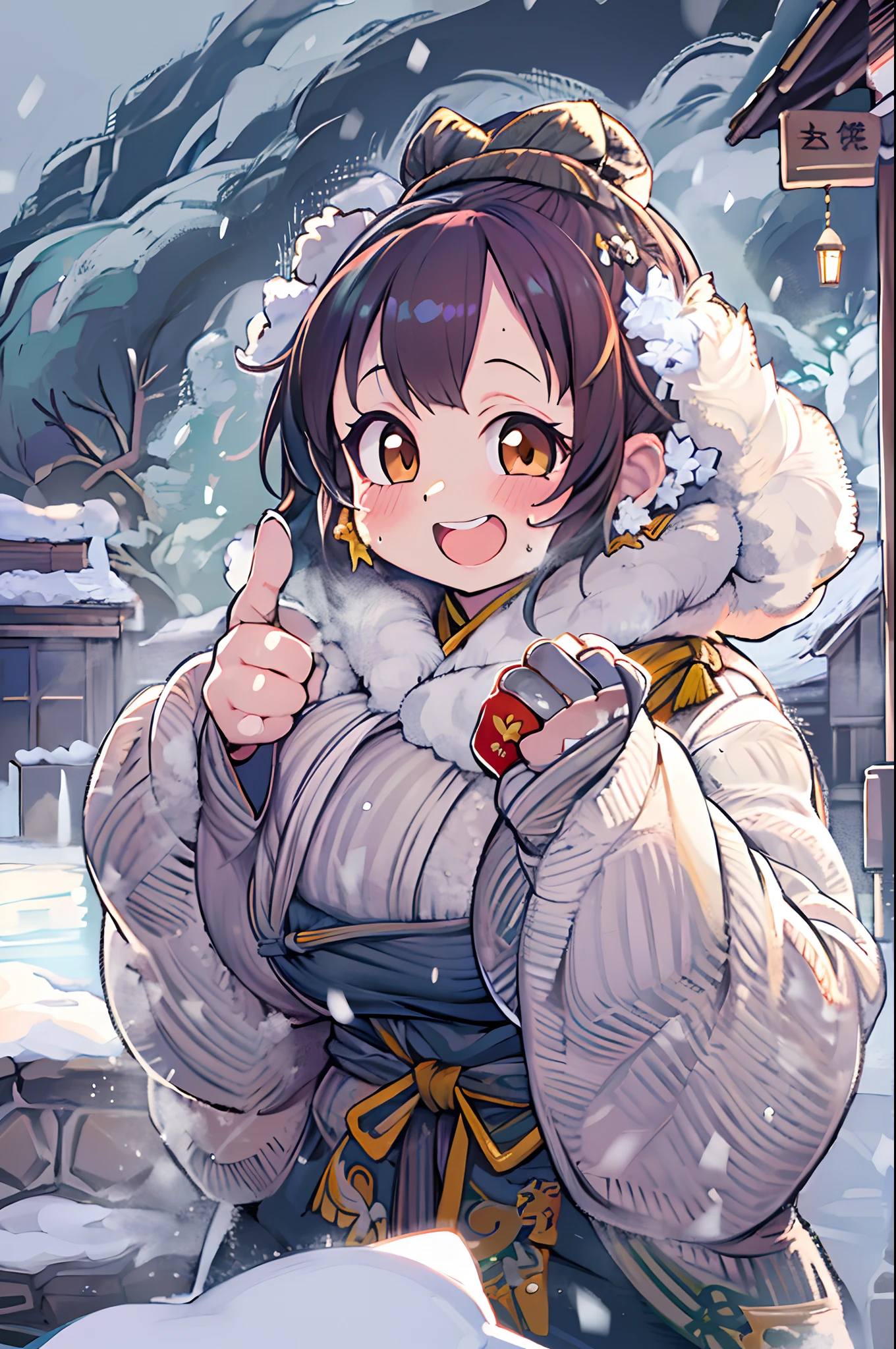 masutepiece, Best Quality, 女の子1人、huge-breasted、bbw、Holding (sake)1.5、Thumbs up、huge smile、in onsen,outdoors, rock, steam,in snow